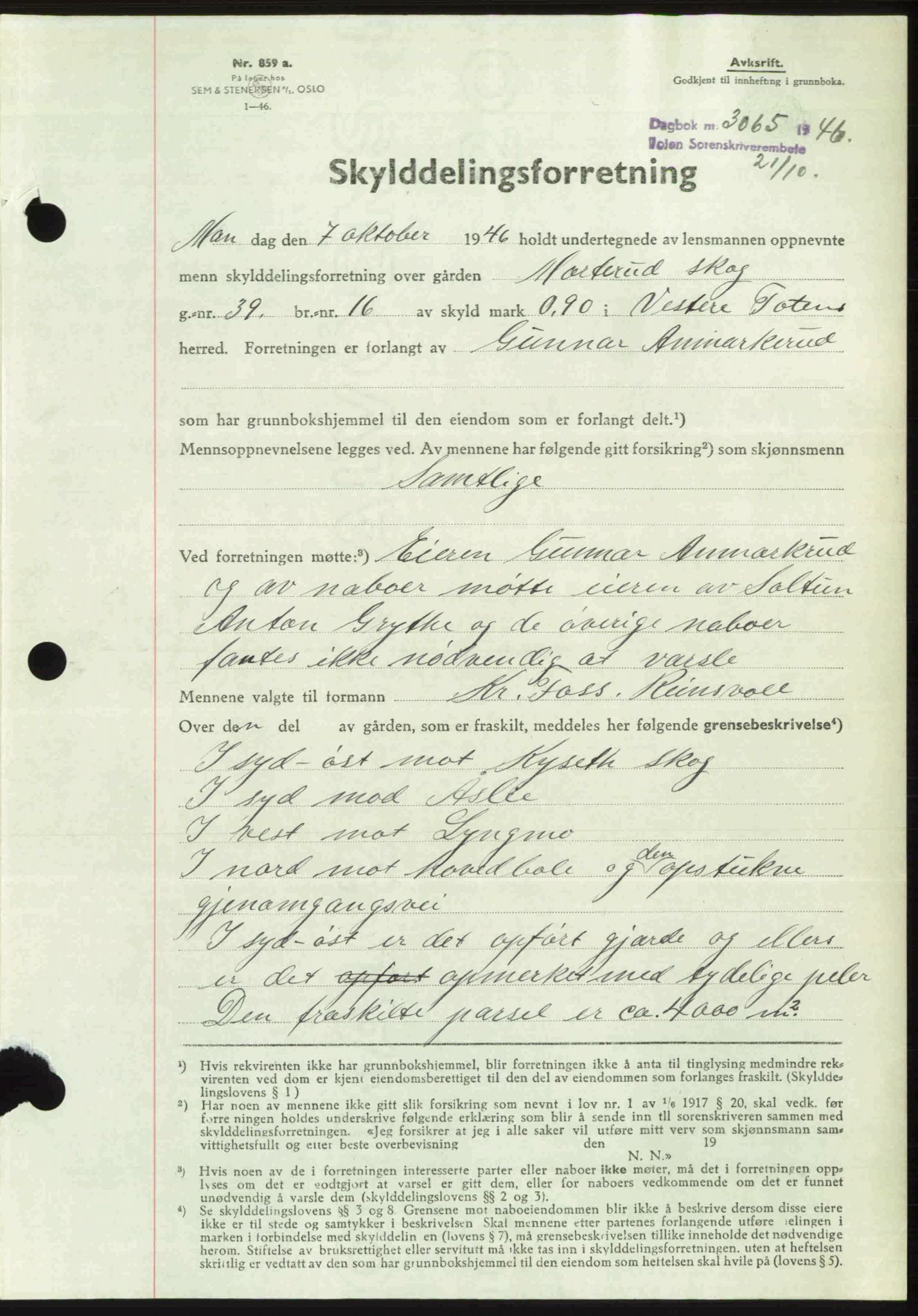 Toten tingrett, AV/SAH-TING-006/H/Hb/Hbc/L0015: Mortgage book no. Hbc-15, 1946-1946, Diary no: : 3065/1946