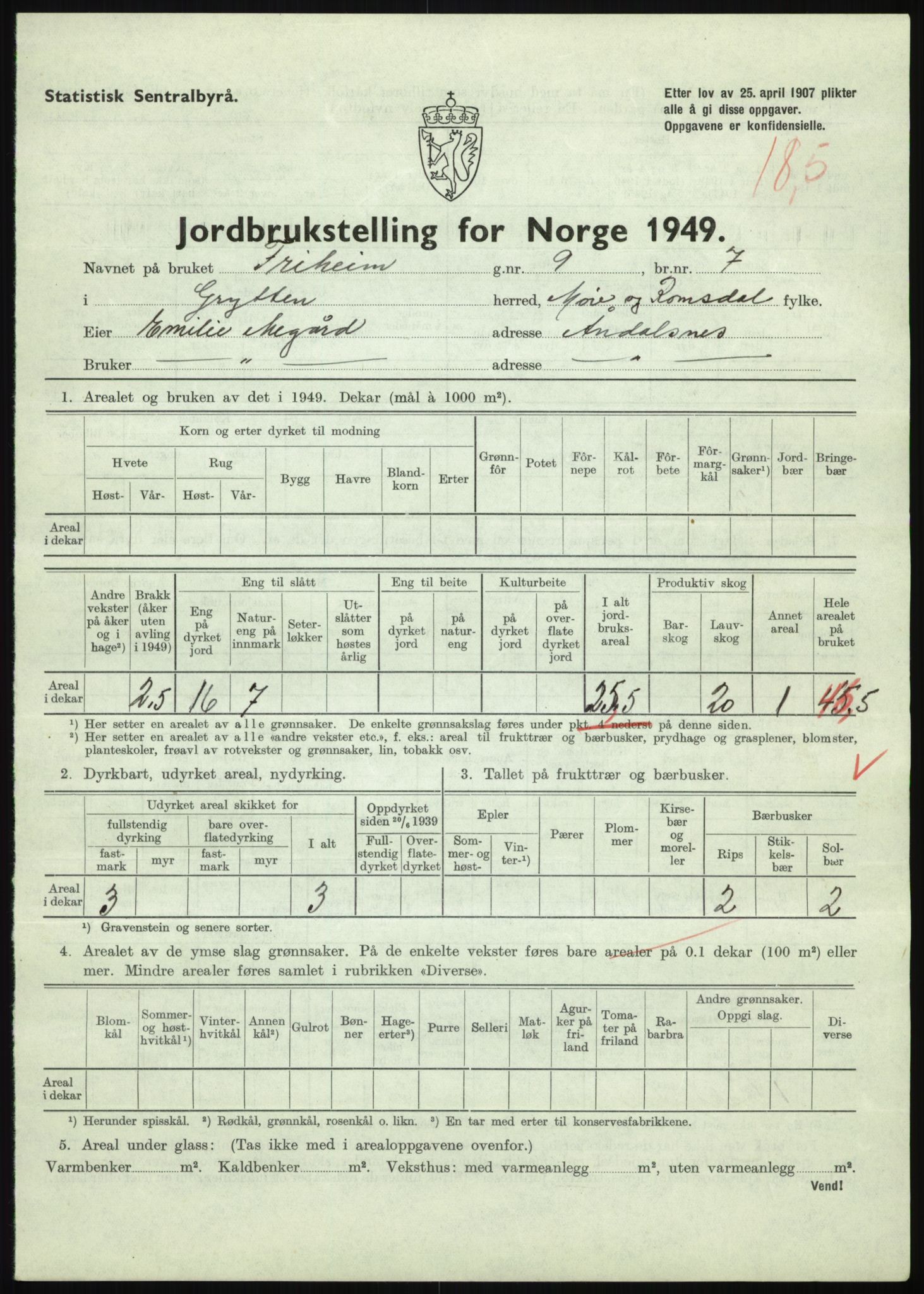 Statistisk sentralbyrå, Næringsøkonomiske emner, Jordbruk, skogbruk, jakt, fiske og fangst, AV/RA-S-2234/G/Gc/L0323: Møre og Romsdal: Grytten og Hen, 1949, p. 199