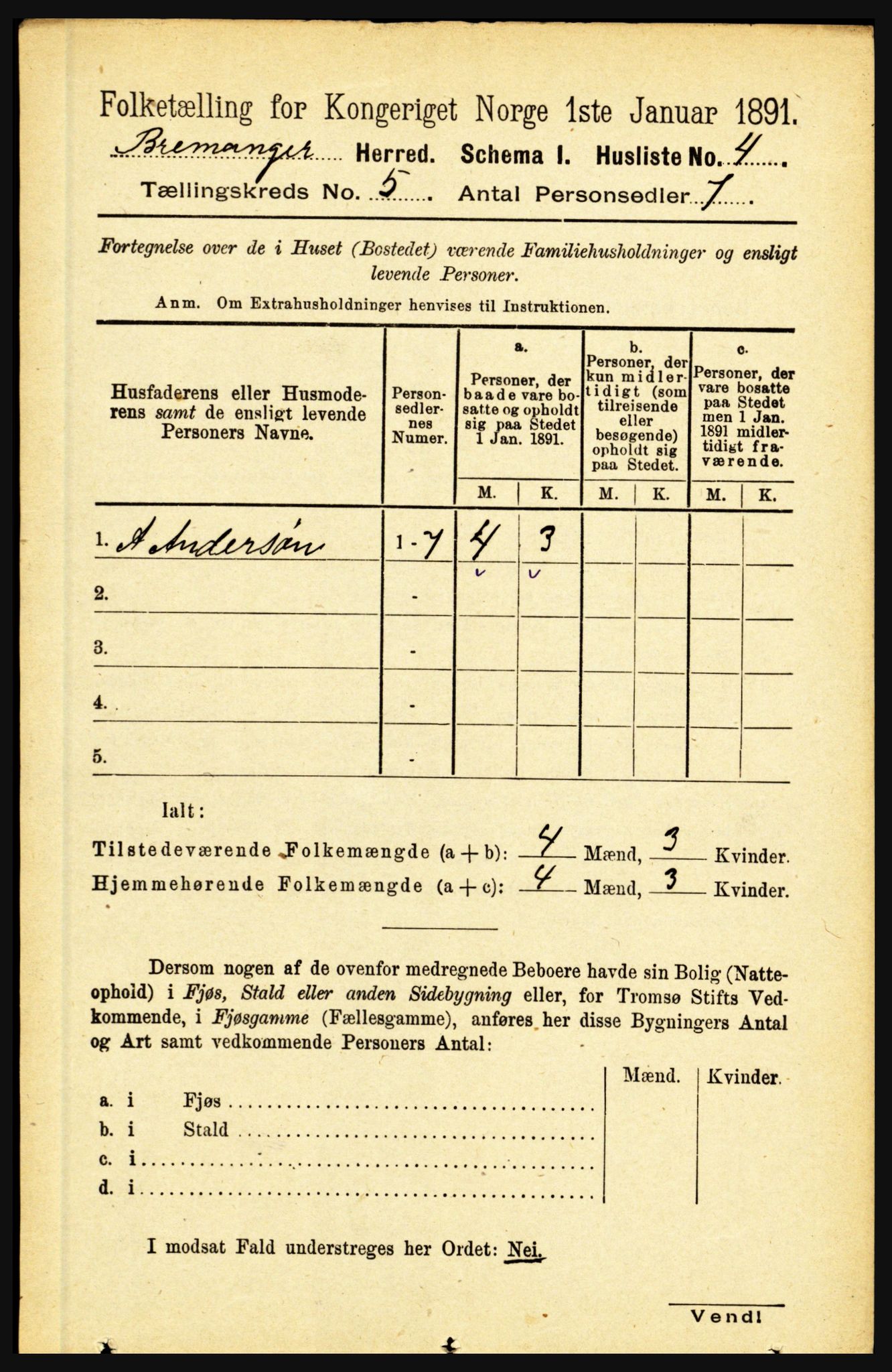 RA, 1891 census for 1438 Bremanger, 1891, p. 1912
