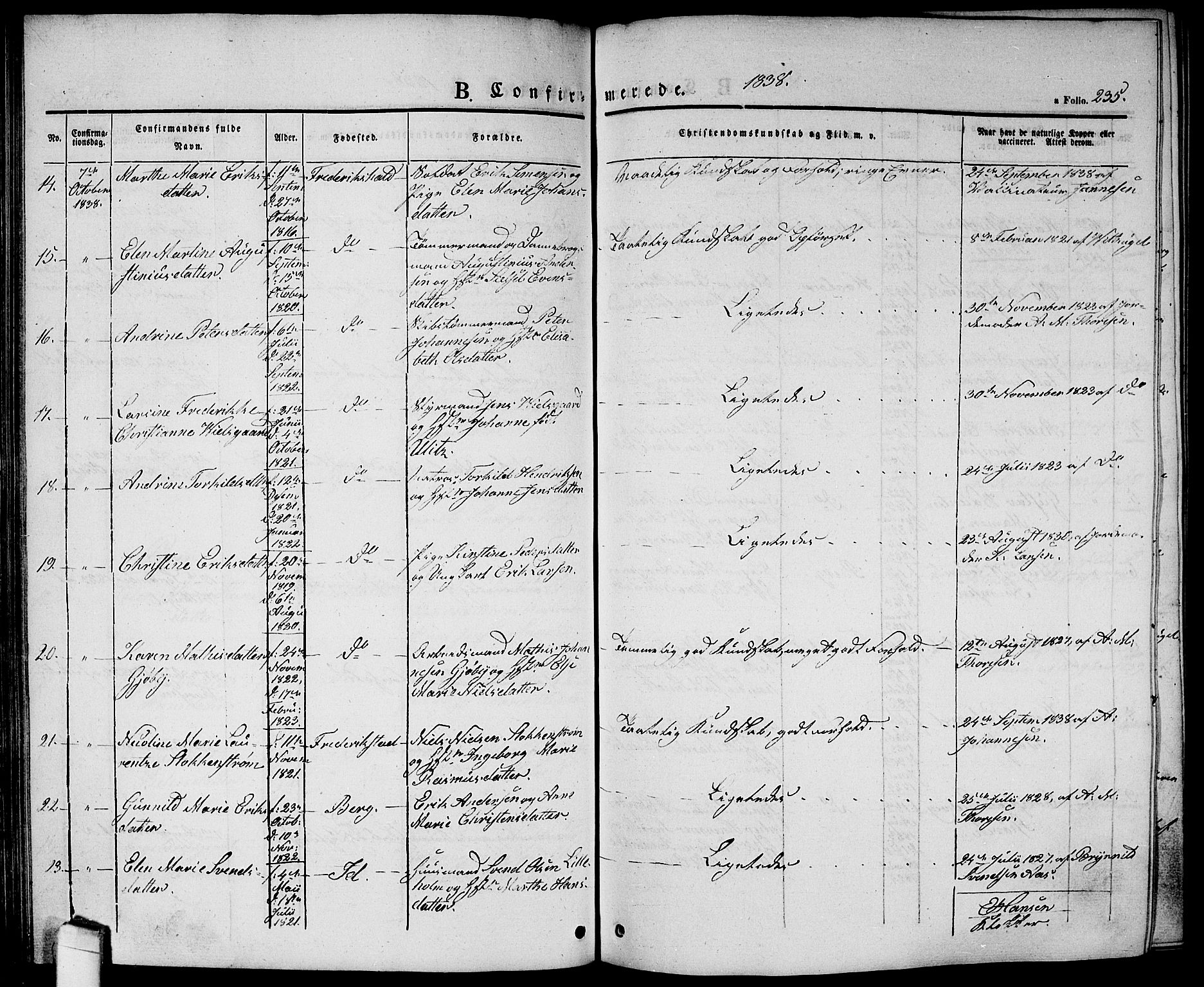 Halden prestekontor Kirkebøker, AV/SAO-A-10909/G/Ga/L0003: Parish register (copy) no. 3, 1834-1844, p. 235