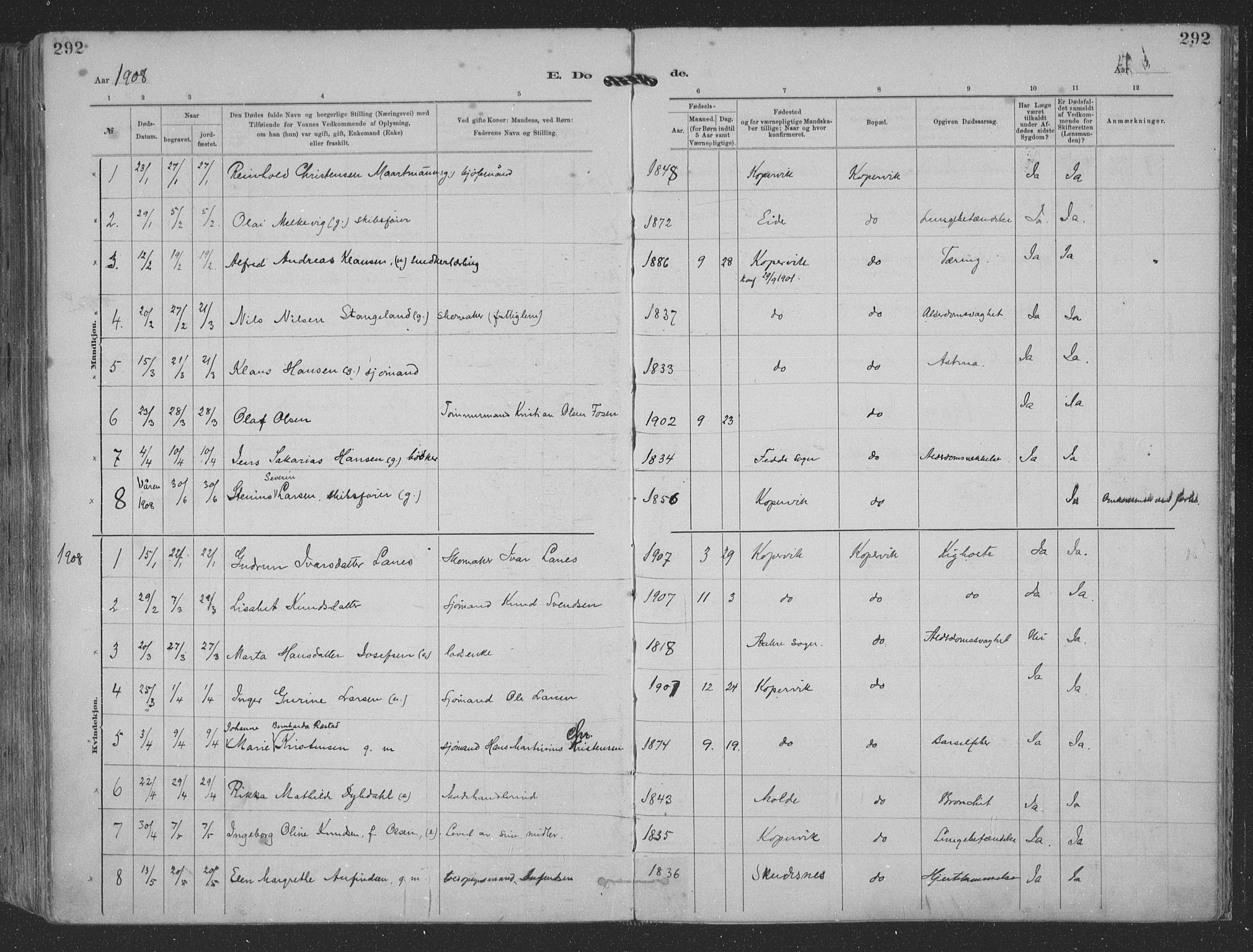 Kopervik sokneprestkontor, SAST/A-101850/H/Ha/Haa/L0001: Parish register (official) no. A 1, 1880-1919, p. 292
