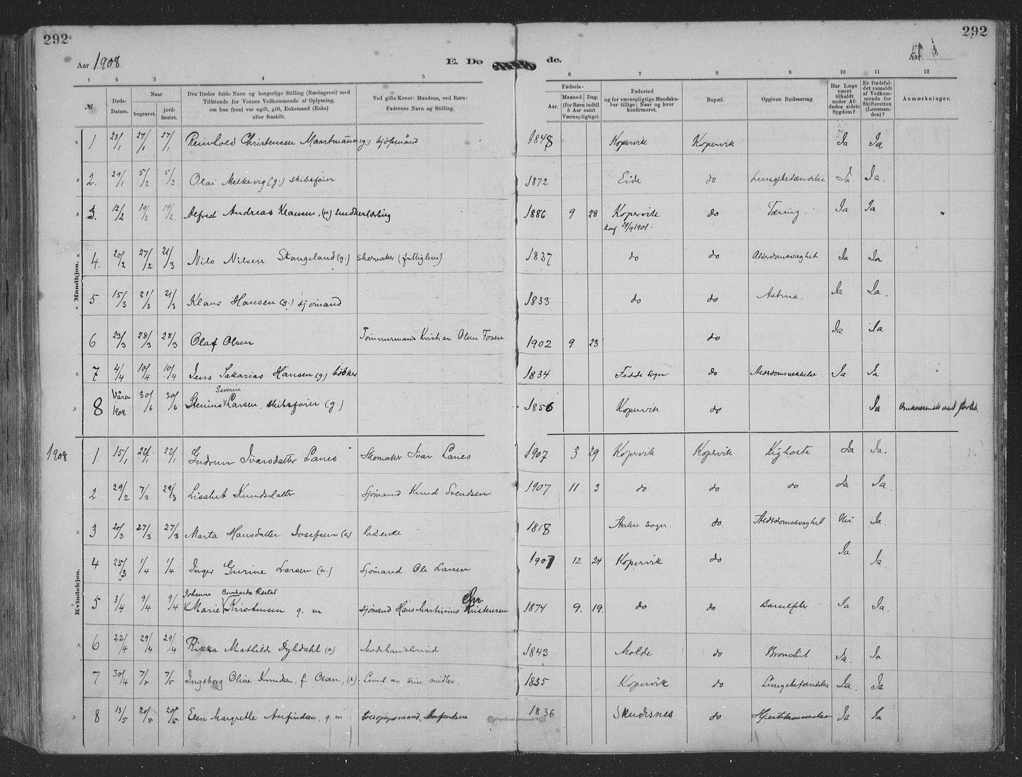 Kopervik sokneprestkontor, AV/SAST-A-101850/H/Ha/Haa/L0001: Parish register (official) no. A 1, 1880-1919, p. 292