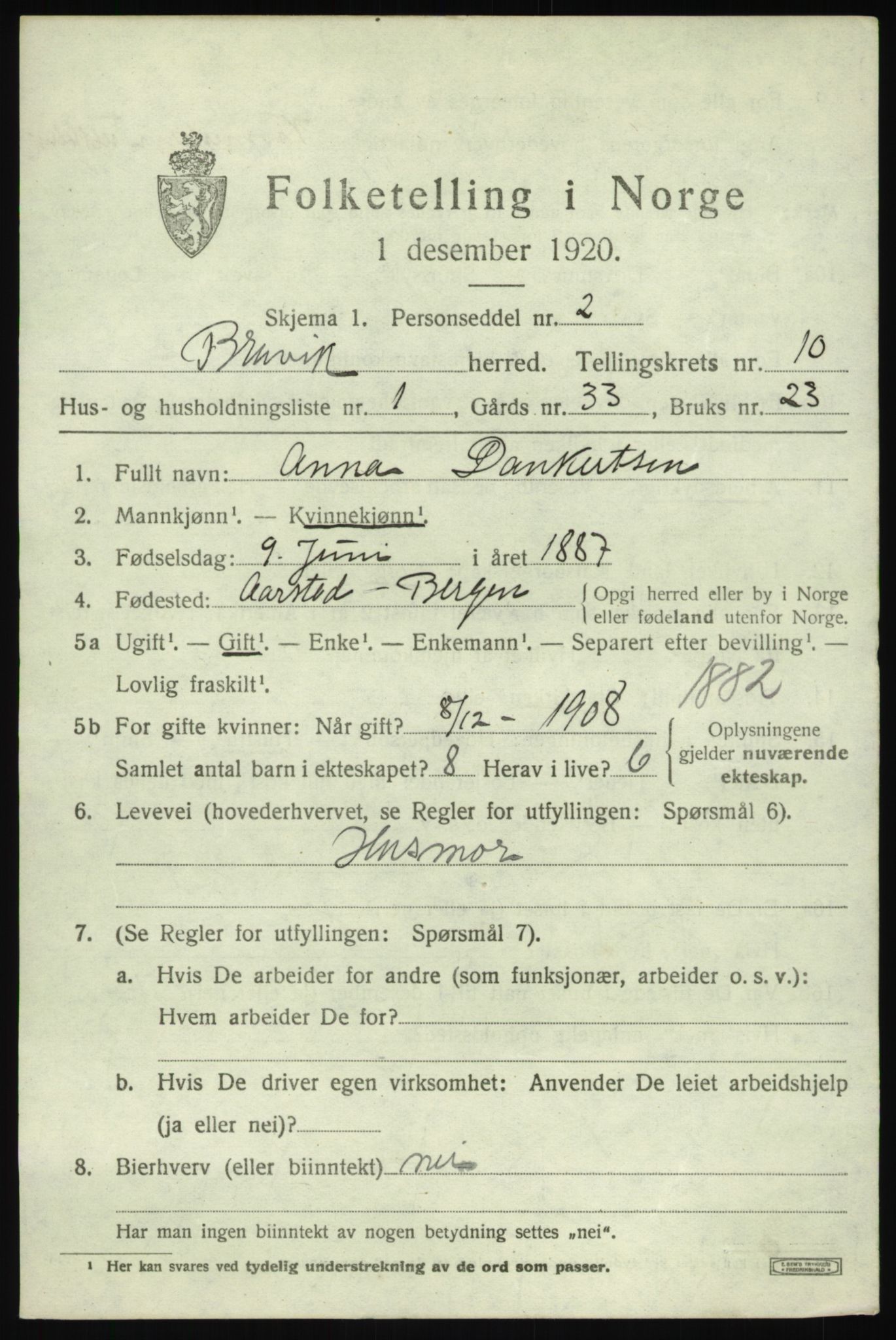 SAB, 1920 census for Bruvik, 1920, p. 6912