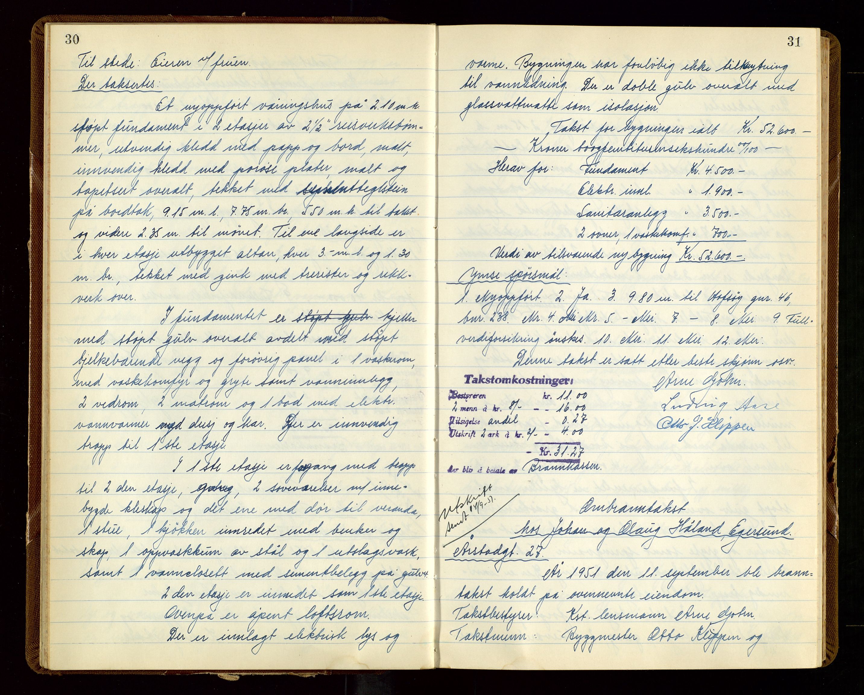 Eigersund lensmannskontor, AV/SAST-A-100171/God/L0014: "Branntakstprotokoll", 1951-1955, p. 30-31