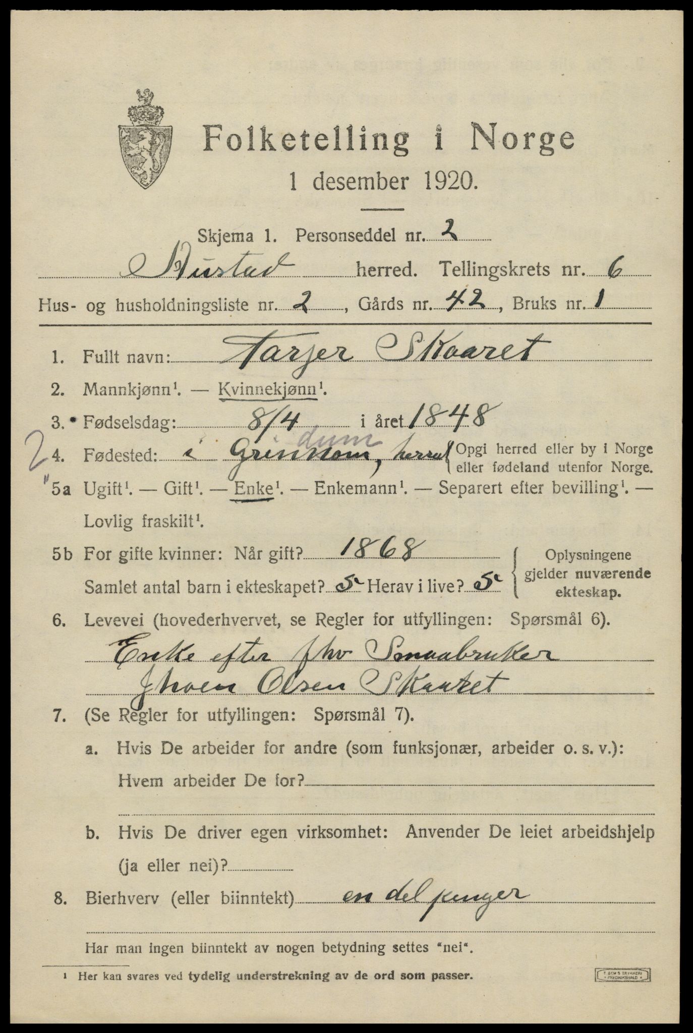 SAK, 1920 census for Austad, 1920, p. 1885