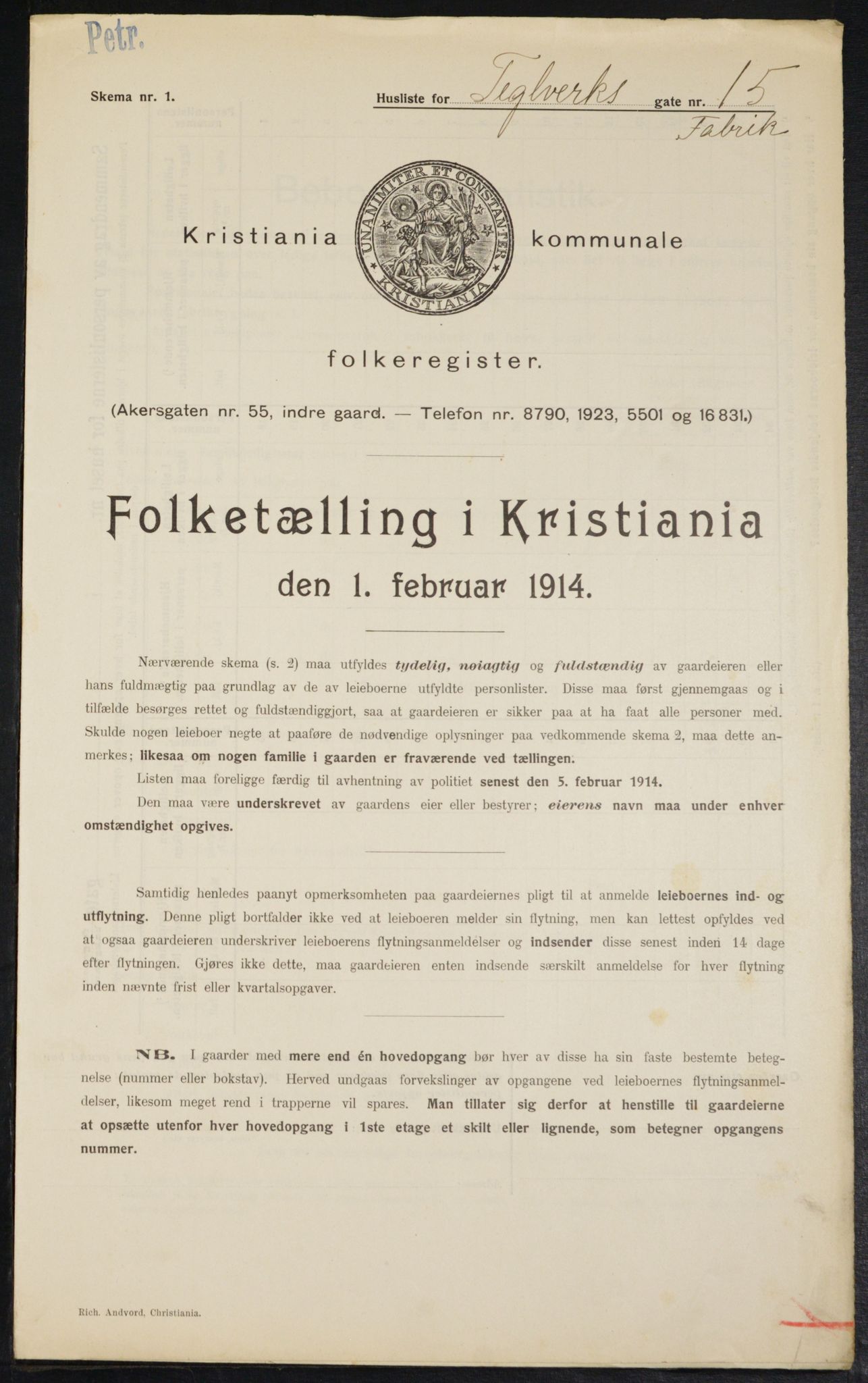 OBA, Municipal Census 1914 for Kristiania, 1914, p. 108418