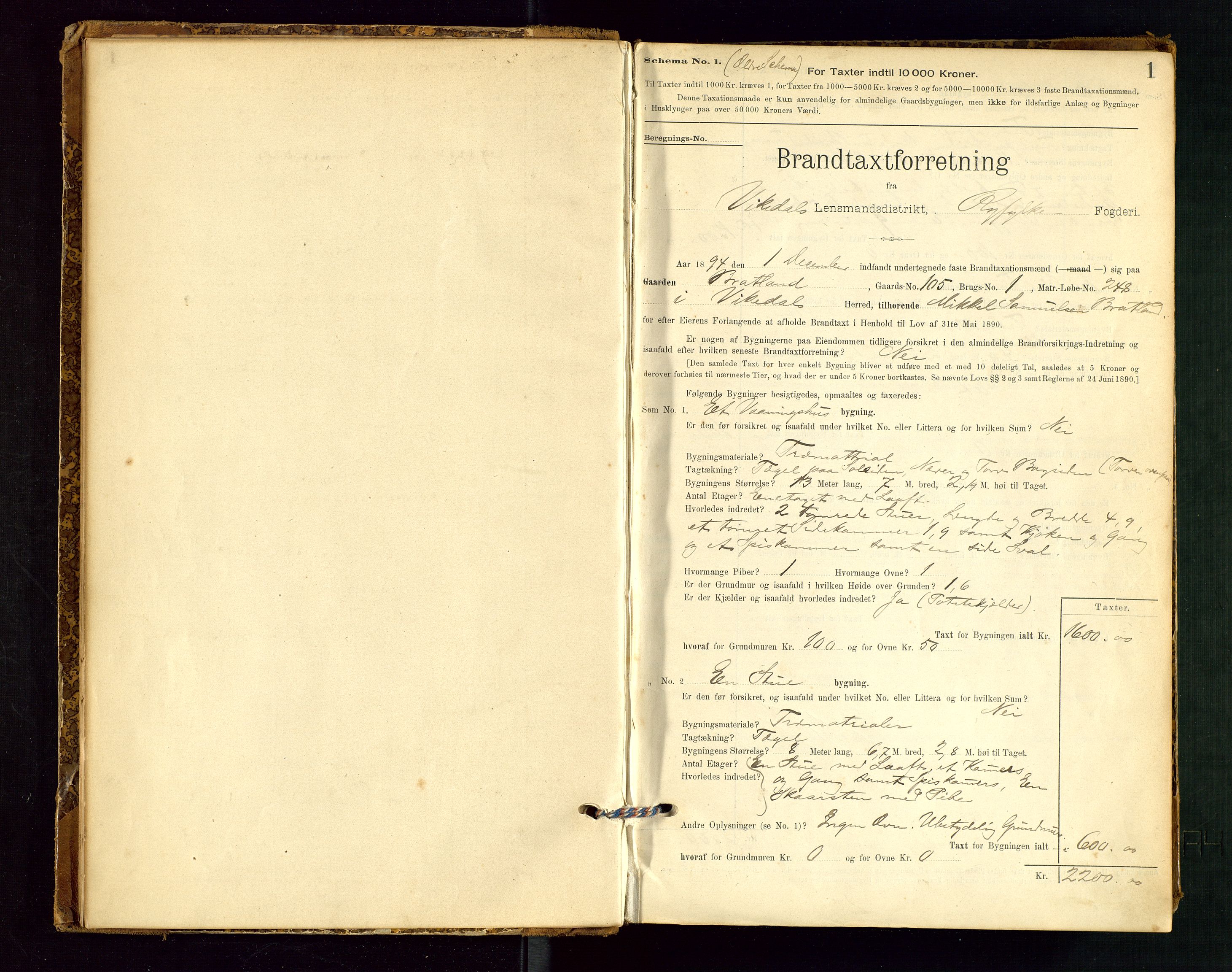 Vikedal lensmannskontor, AV/SAST-A-100179/Gob/L0004: Branntakstprotokoll, 1894-1952, p. 1