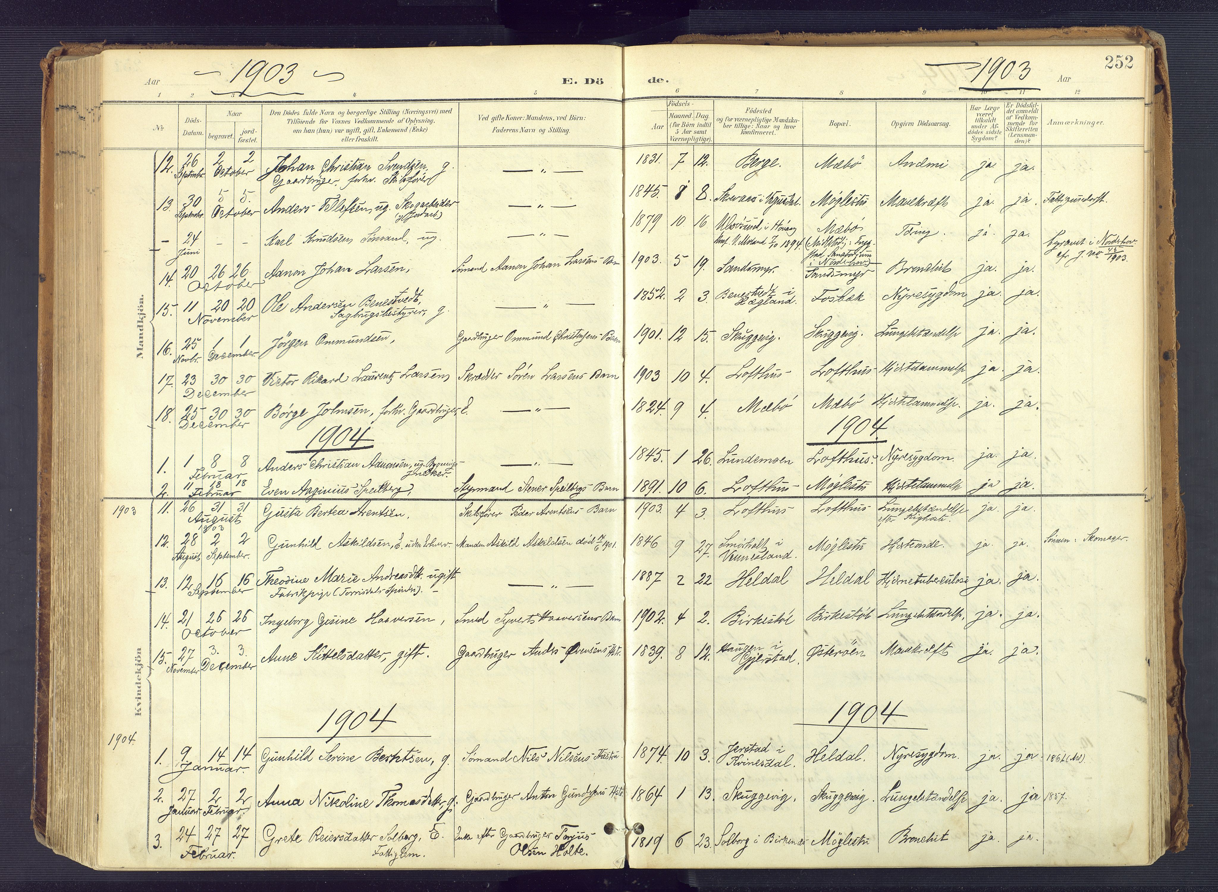 Vestre Moland sokneprestkontor, SAK/1111-0046/F/Fa/Fab/L0010: Parish register (official) no. A 10, 1900-1926, p. 252