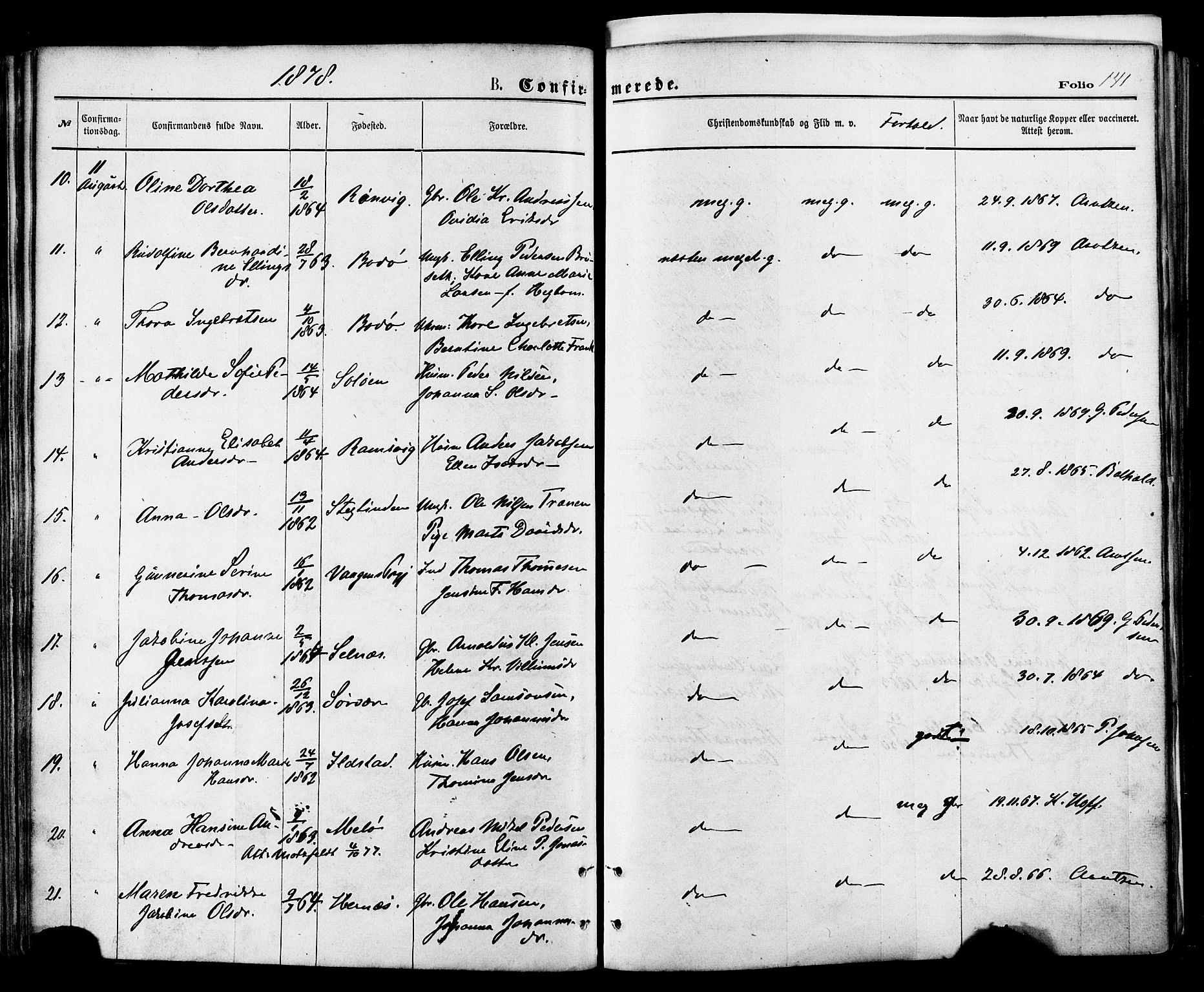 Ministerialprotokoller, klokkerbøker og fødselsregistre - Nordland, SAT/A-1459/801/L0009: Parish register (official) no. 801A09, 1876-1883, p. 141