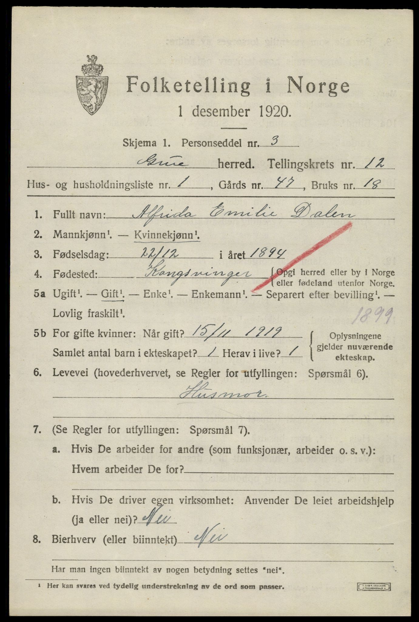 SAH, 1920 census for Grue, 1920, p. 10509