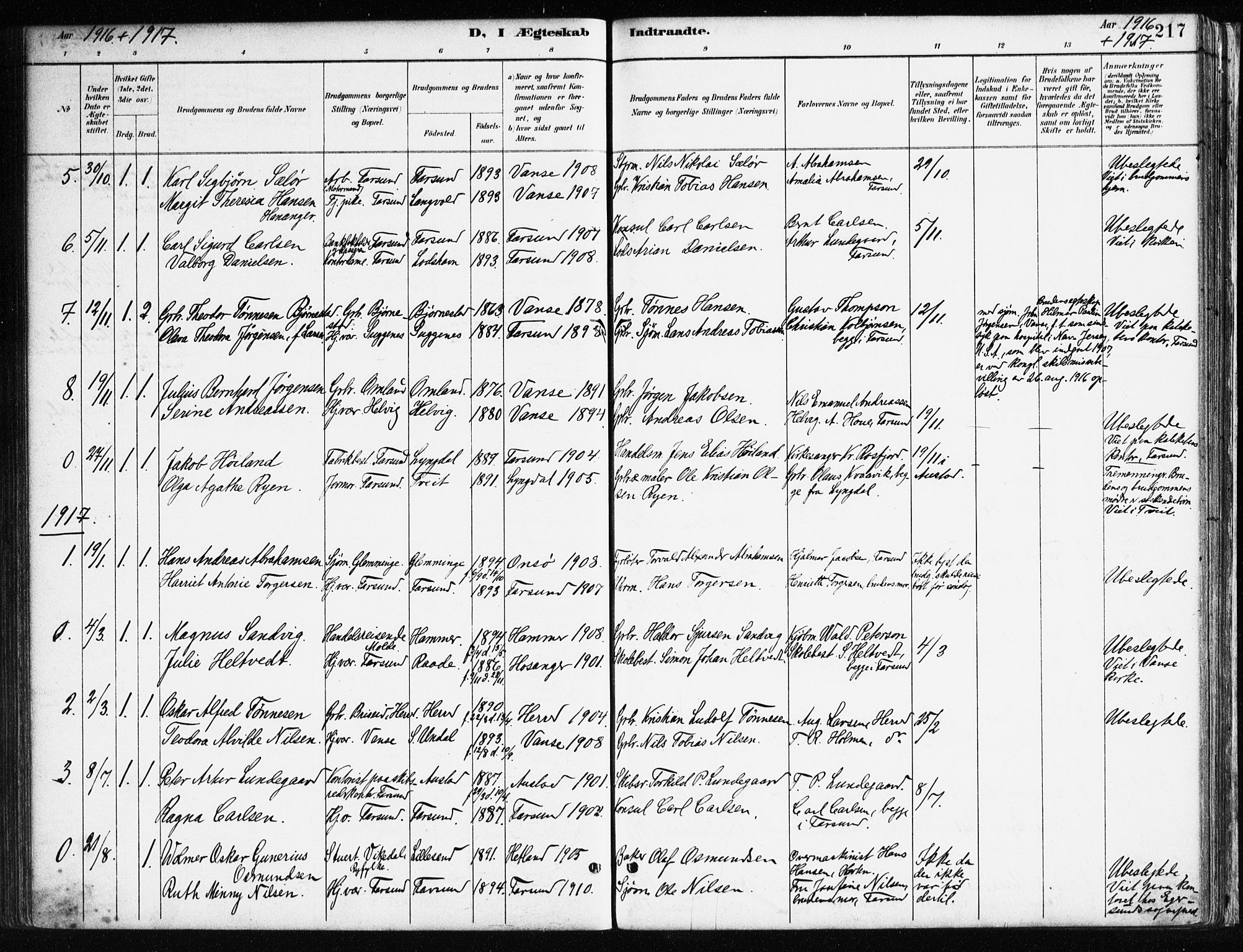 Farsund sokneprestkontor, SAK/1111-0009/F/Fa/L0006: Parish register (official) no. A 6, 1887-1920, p. 217