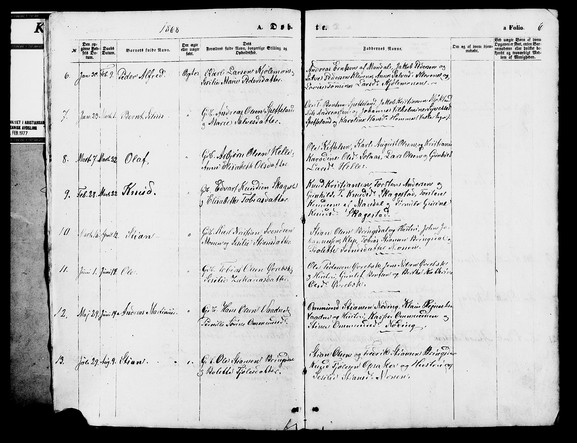 Holum sokneprestkontor, SAK/1111-0022/F/Fb/Fba/L0004: Parish register (copy) no. B 4, 1867-1890, p. 6