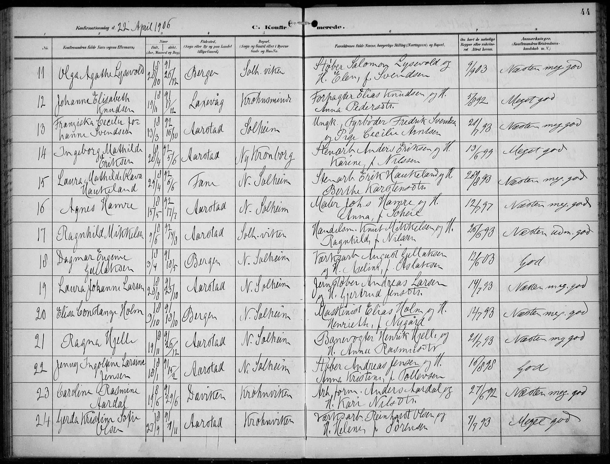 Årstad Sokneprestembete, SAB/A-79301/H/Haa/L0007: Parish register (official) no. B 2, 1901-1914, p. 44