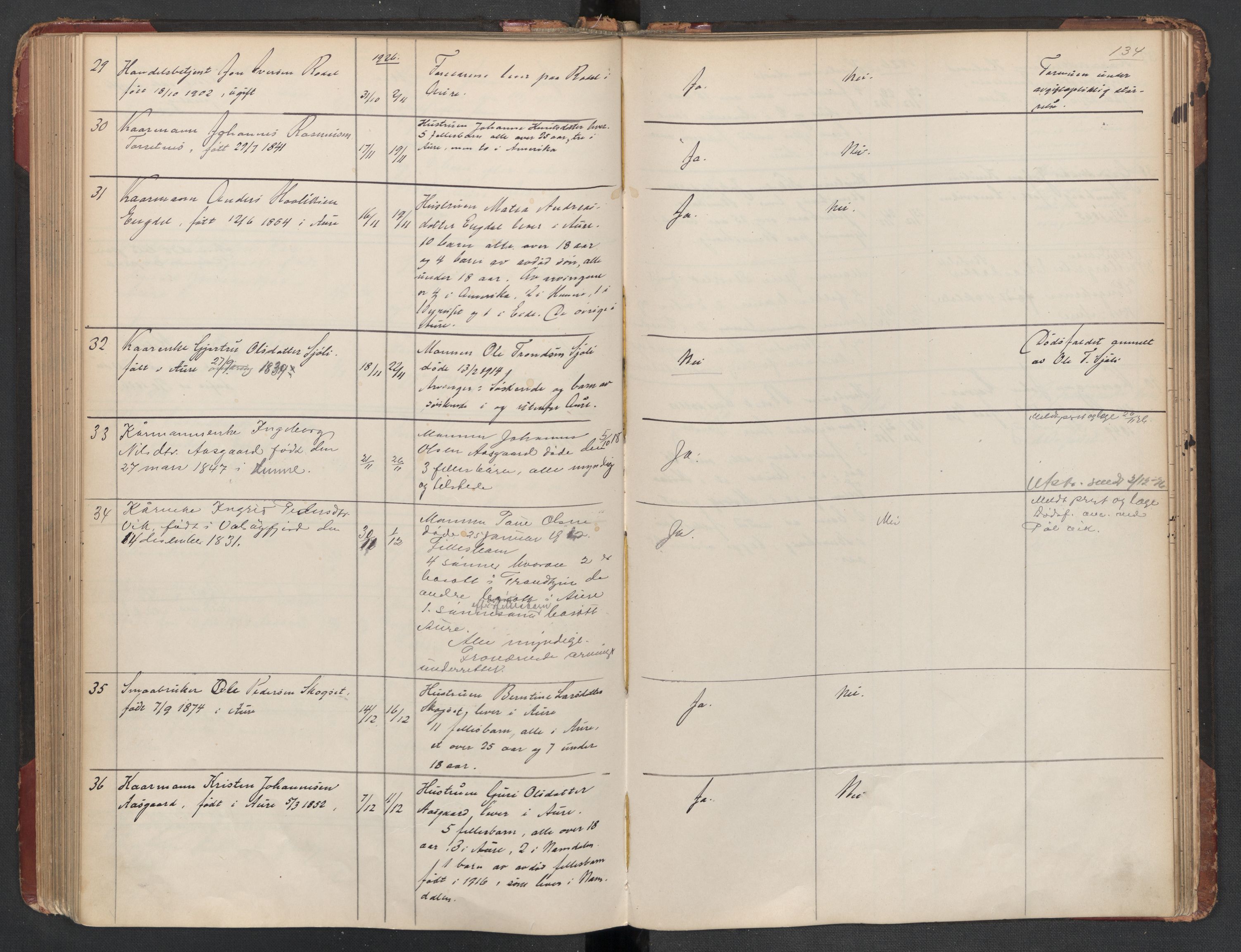 Aure lensmannskontor, SAT/A-1088/1/02/L0003: 2.01.03 Dødsfallsprotokoll, 1906-1926, p. 134