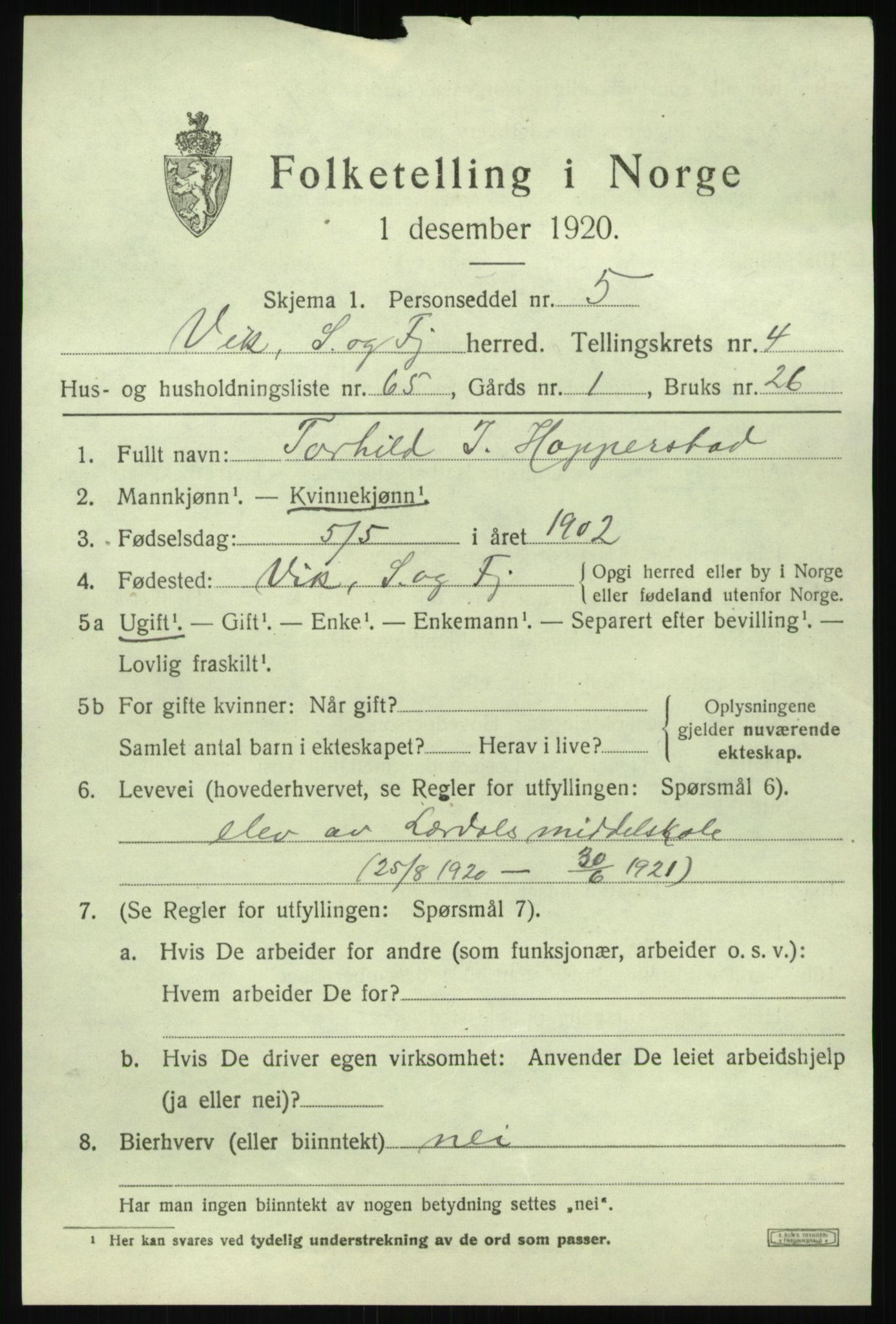 SAB, 1920 census for Vik, 1920, p. 3931