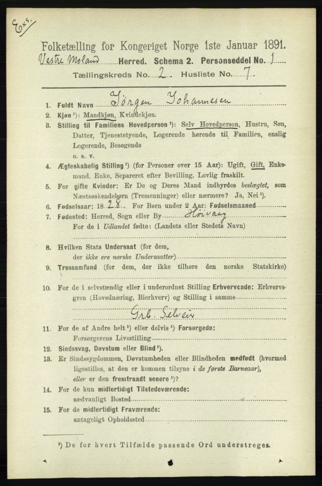 RA, Census 1891 for Nedenes amt: Gjenparter av personsedler for beslektede ektefeller, menn, 1891, p. 800