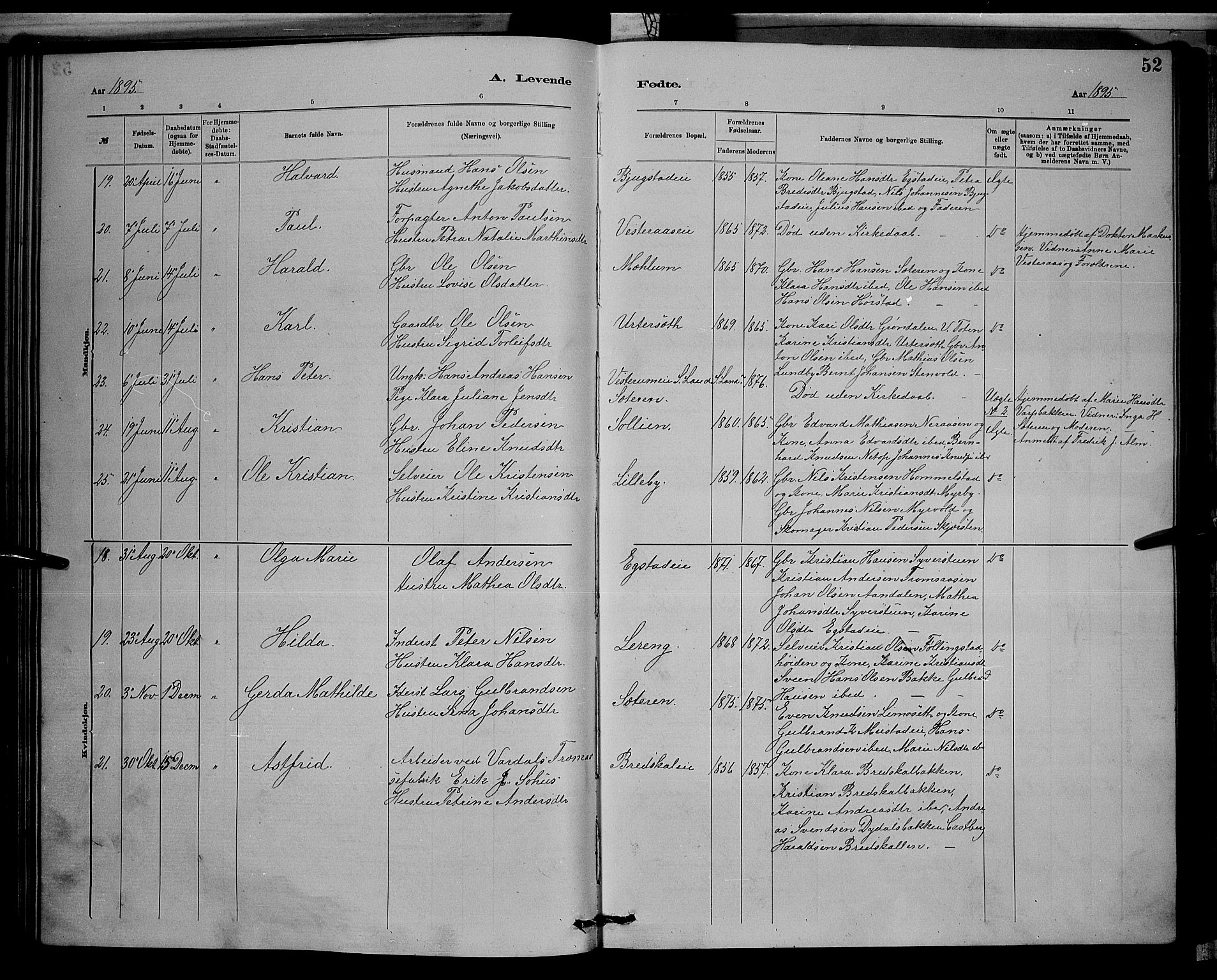 Vardal prestekontor, SAH/PREST-100/H/Ha/Hab/L0008: Parish register (copy) no. 8, 1881-1898, p. 52