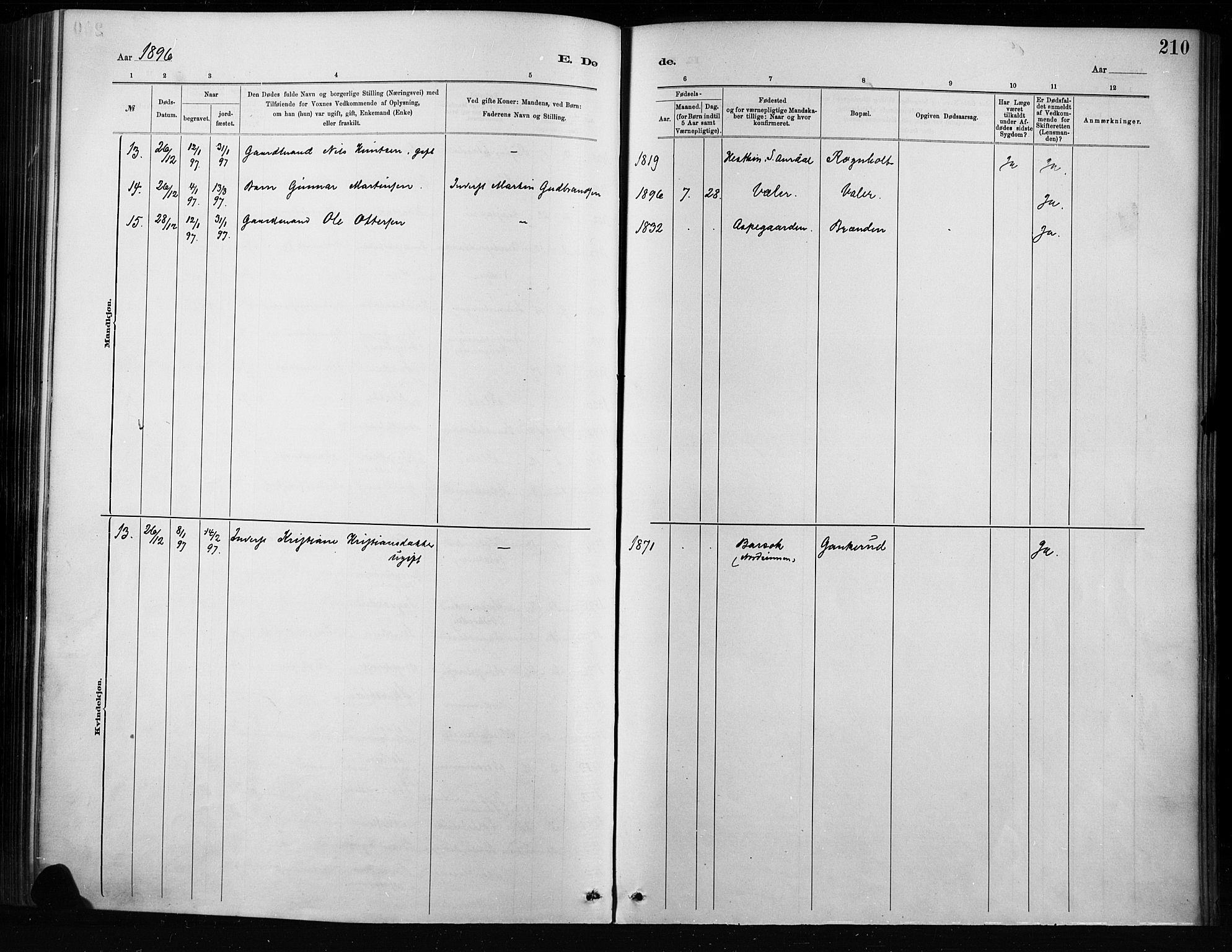 Nordre Land prestekontor, SAH/PREST-124/H/Ha/Haa/L0004: Parish register (official) no. 4, 1882-1896, p. 210