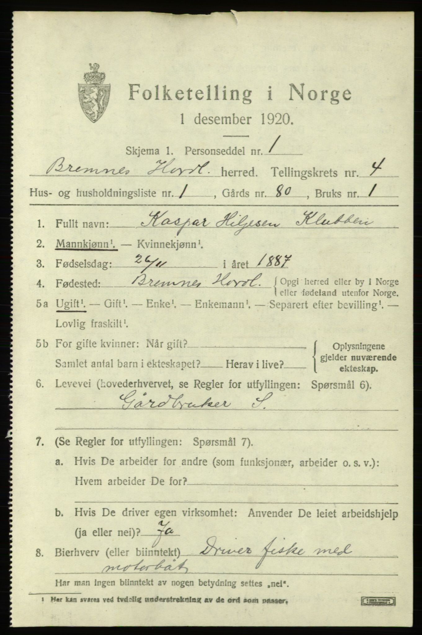 SAB, 1920 census for Bremnes, 1920, p. 1806