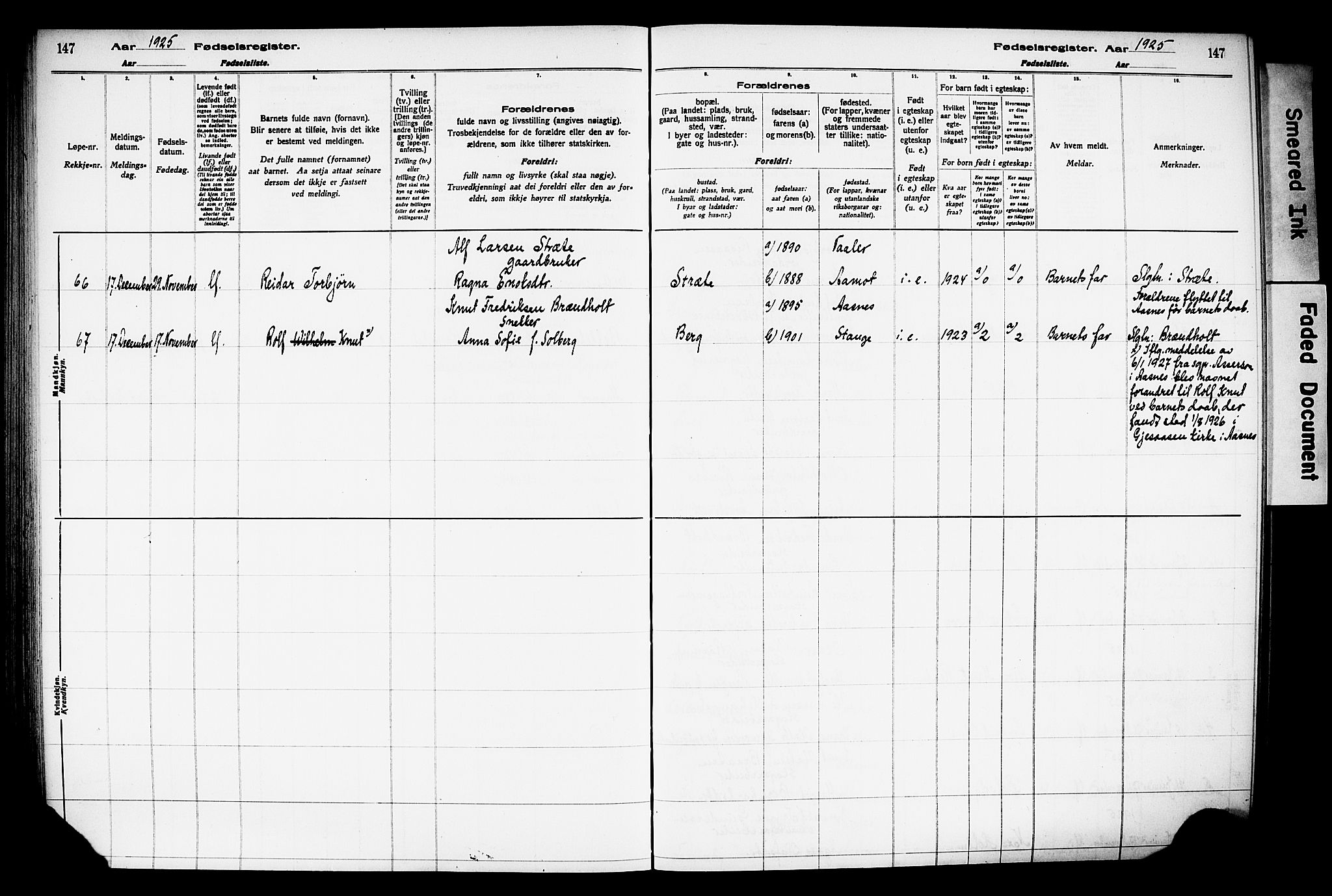 Våler prestekontor, Hedmark, AV/SAH-PREST-040/I/Id/L0001: Birth register no. 1, 1916-1930, p. 147