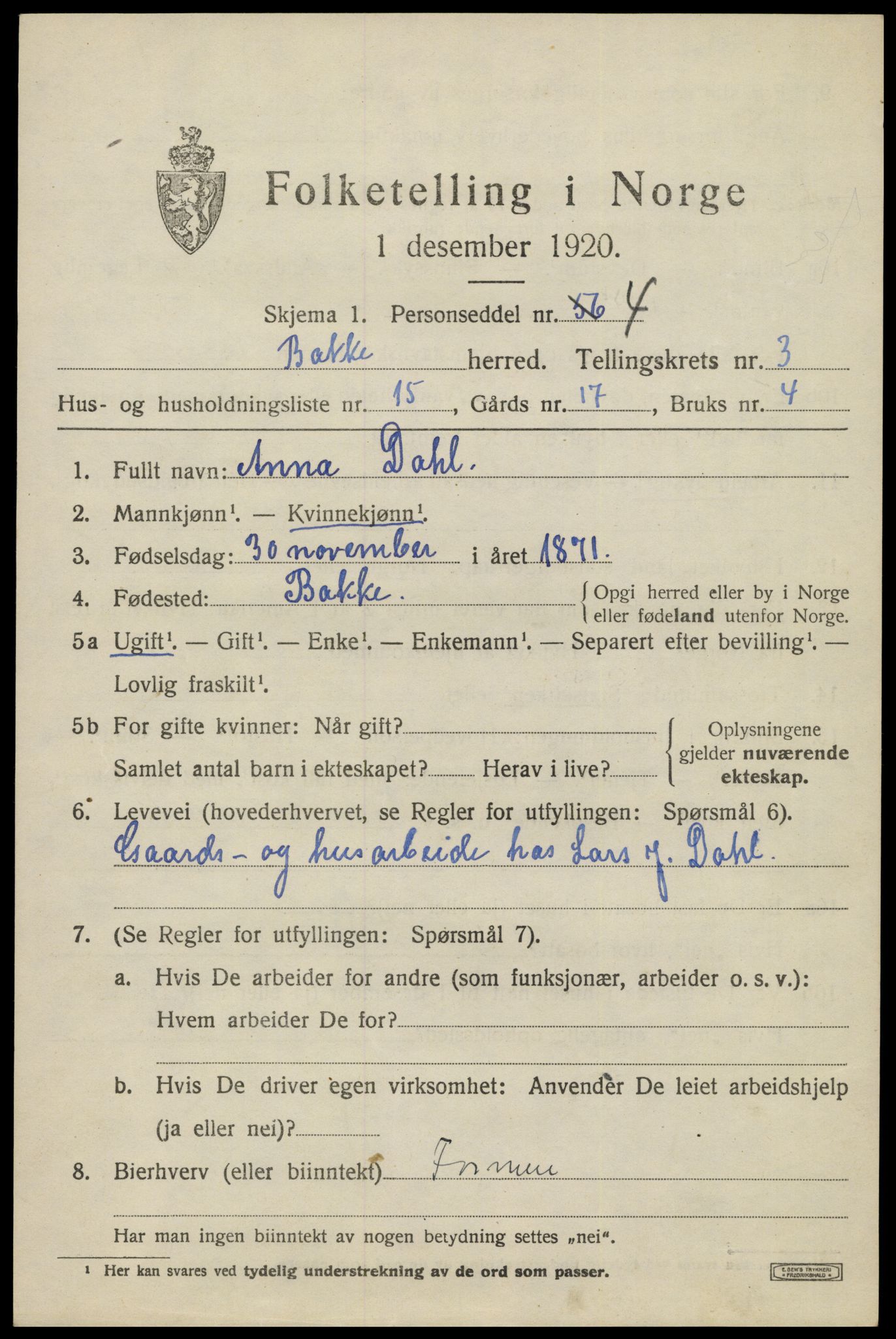 SAK, 1920 census for Bakke, 1920, p. 1092