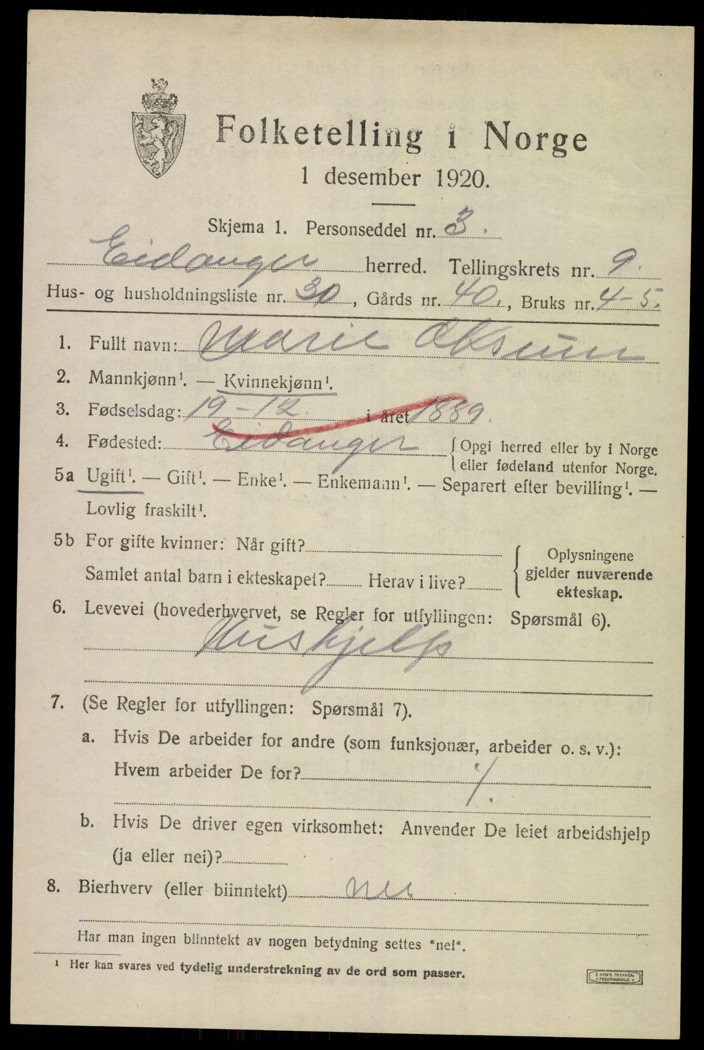 SAKO, 1920 census for Eidanger, 1920, p. 6194