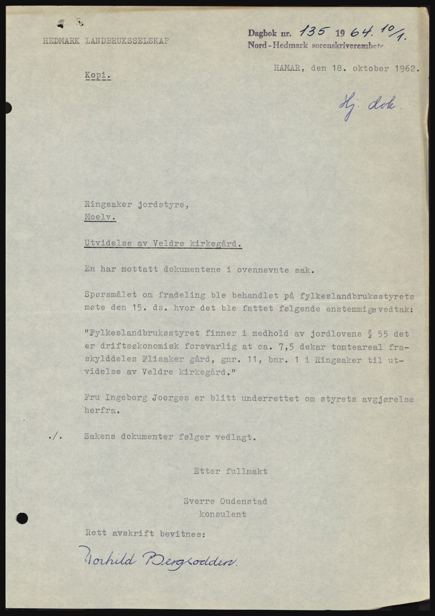 Nord-Hedmark sorenskriveri, SAH/TING-012/H/Hc/L0019: Mortgage book no. 19, 1963-1964, Diary no: : 135/1964