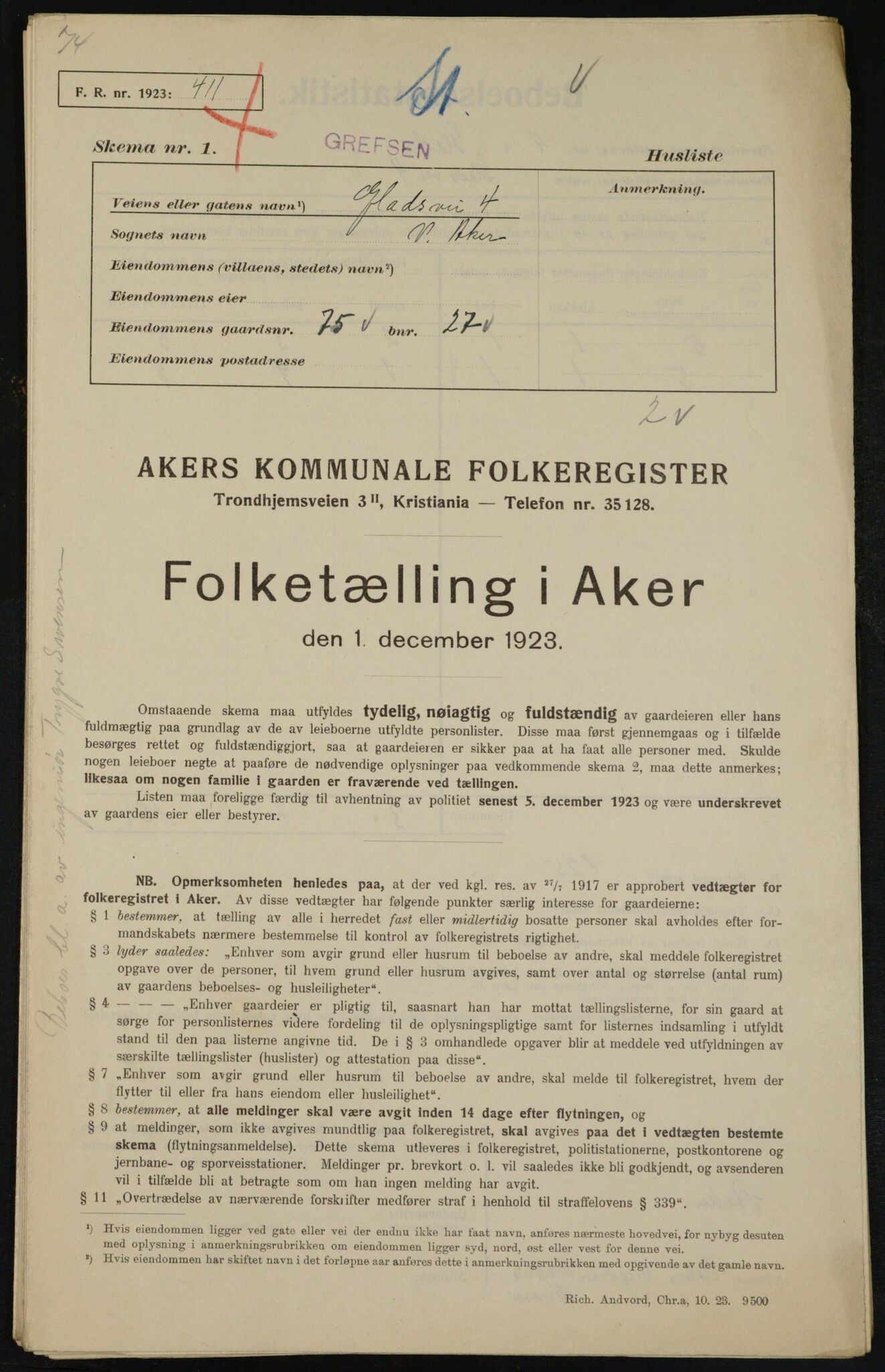 , Municipal Census 1923 for Aker, 1923, p. 9964