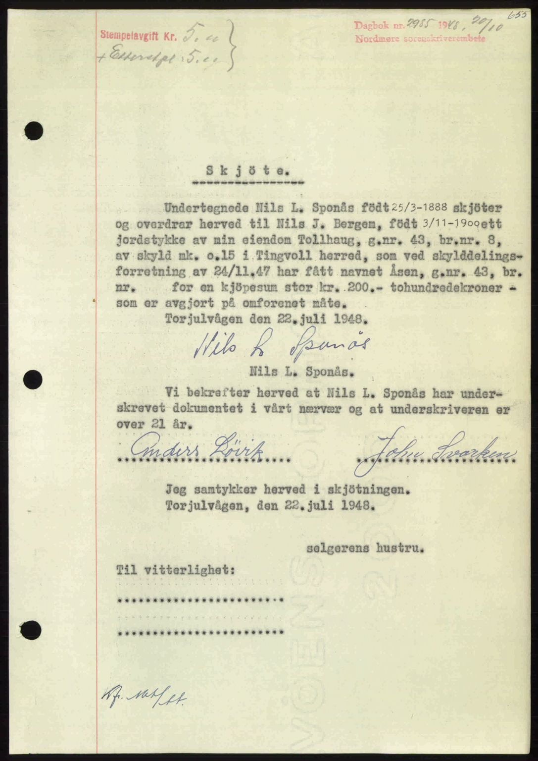 Nordmøre sorenskriveri, AV/SAT-A-4132/1/2/2Ca: Mortgage book no. A109, 1948-1948, Diary no: : 2985/1948