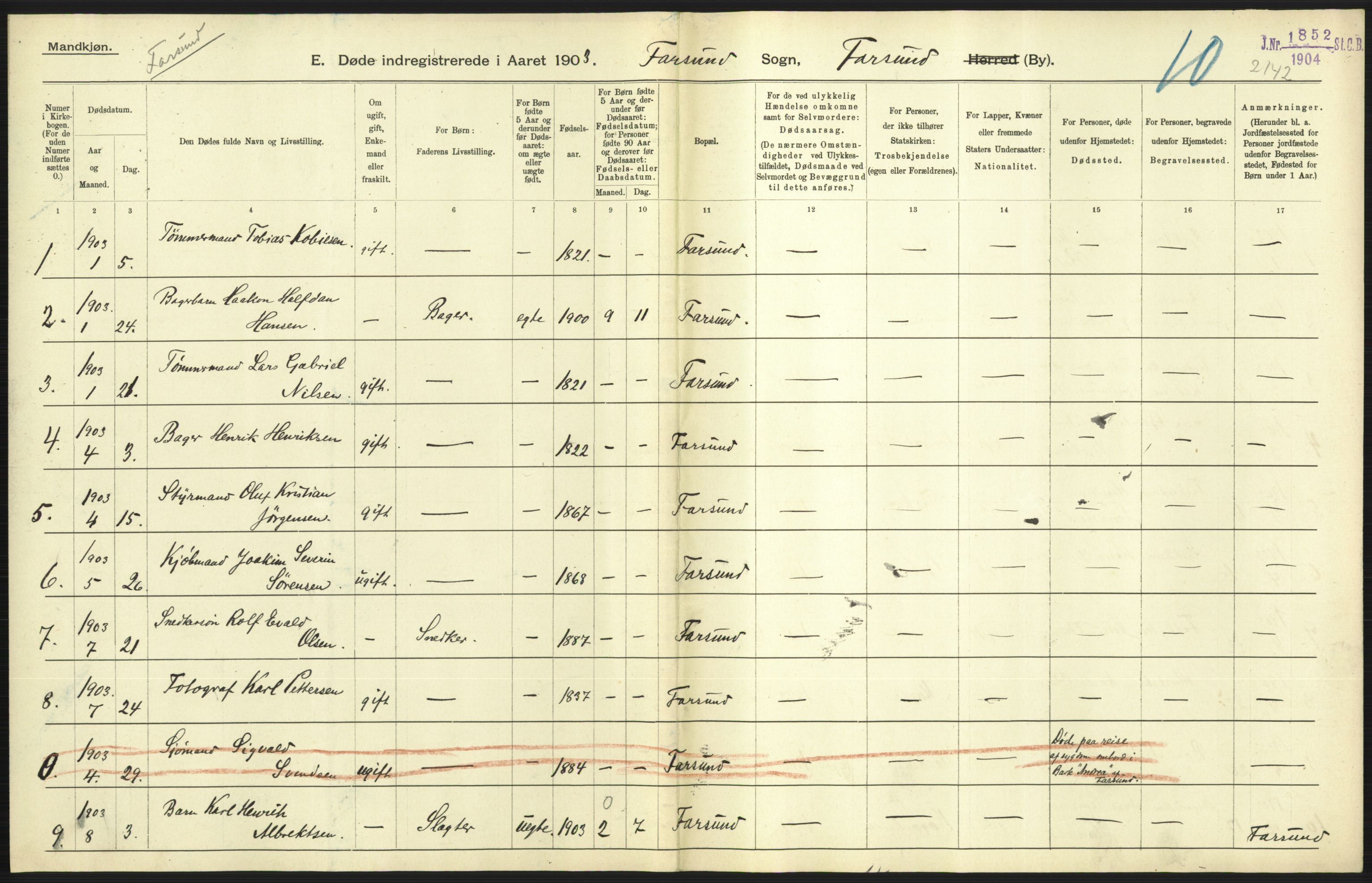 Statistisk sentralbyrå, Sosiodemografiske emner, Befolkning, AV/RA-S-2228/D/Df/Dfa/Dfaa/L0011: Lister og Mandal amt: Fødte, gifte, døde, 1903, p. 557