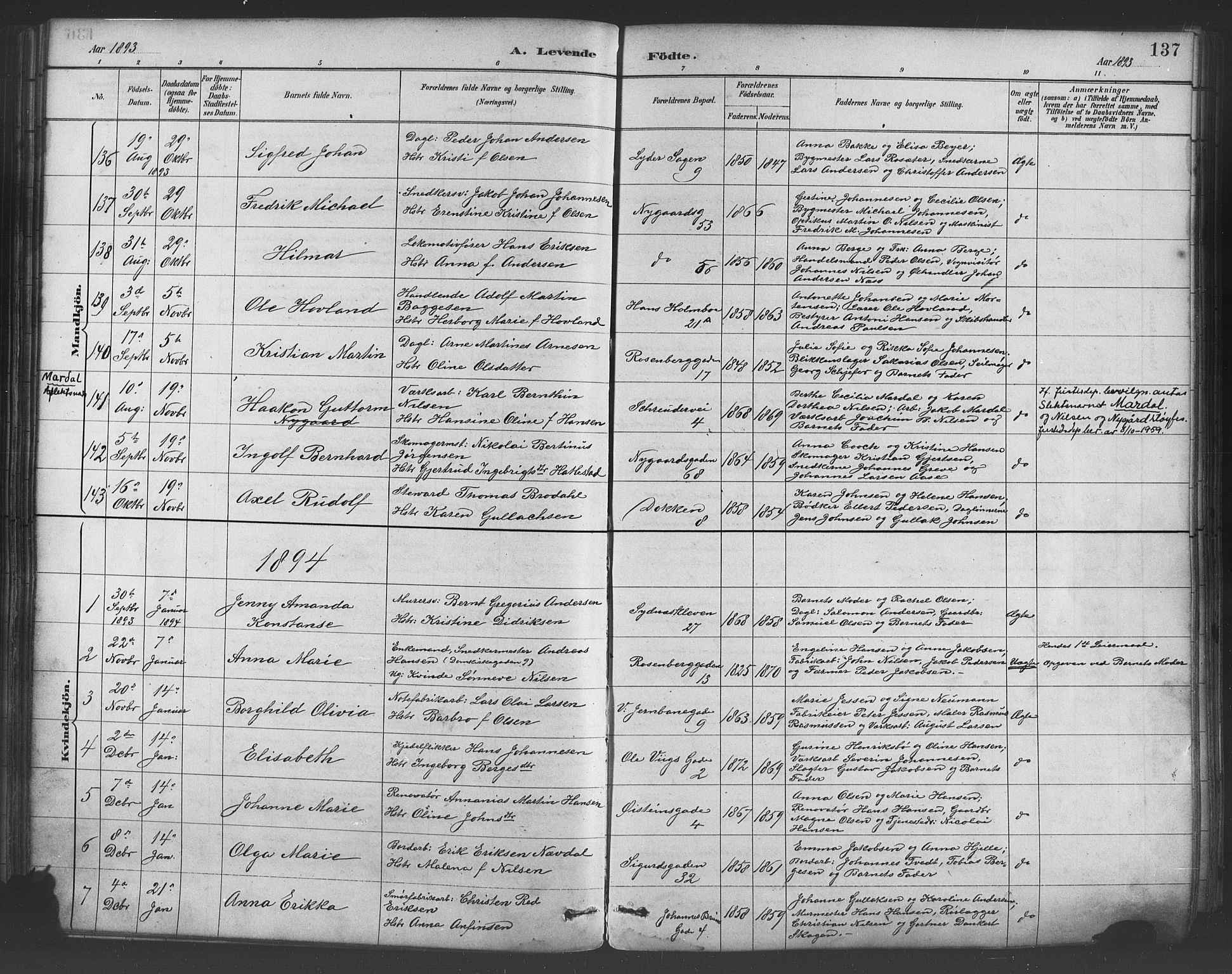 Johanneskirken sokneprestembete, SAB/A-76001/H/Hab: Parish register (copy) no. A 1, 1885-1900, p. 137