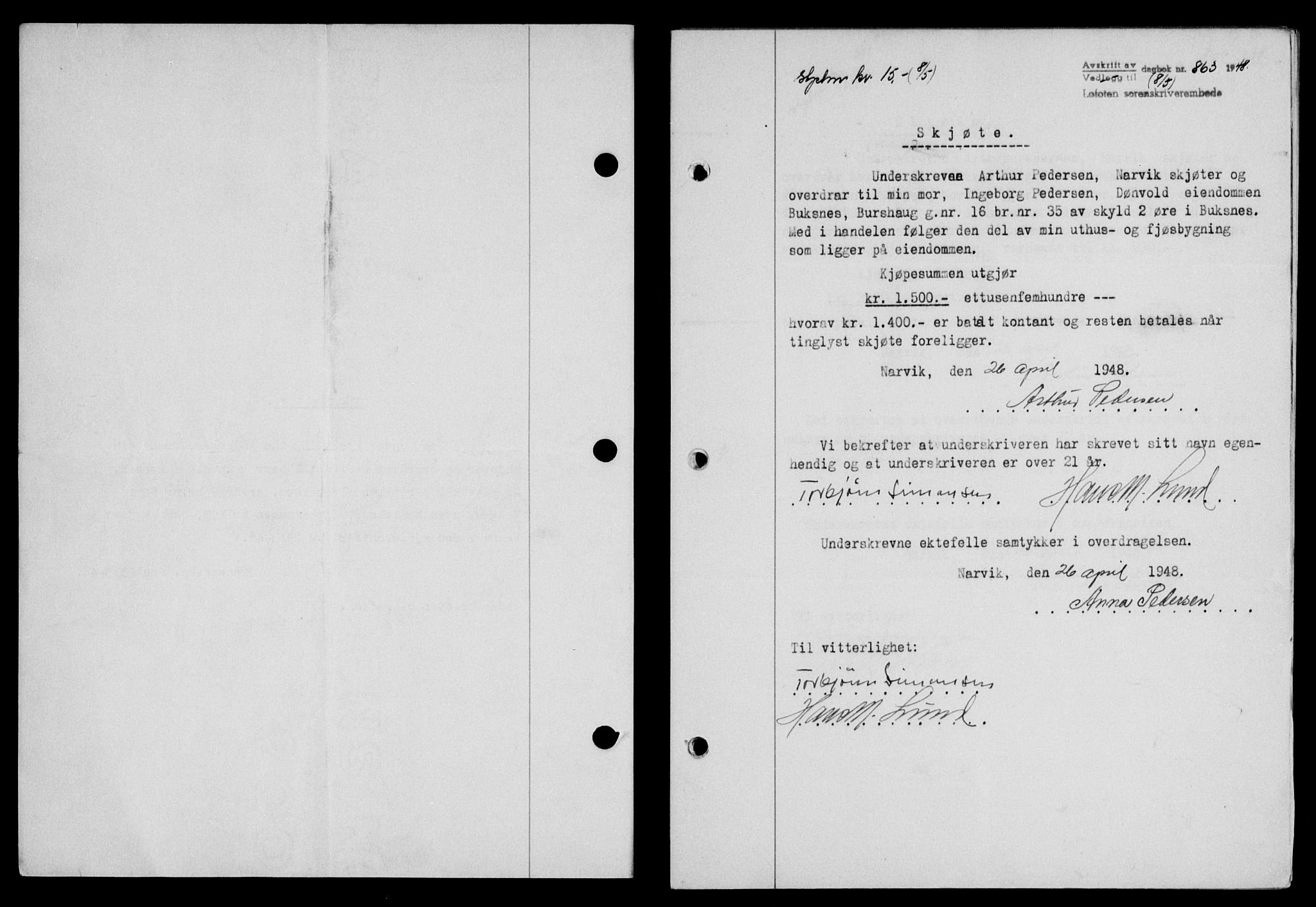 Lofoten sorenskriveri, SAT/A-0017/1/2/2C/L0018a: Mortgage book no. 18a, 1948-1948, Diary no: : 863/1948