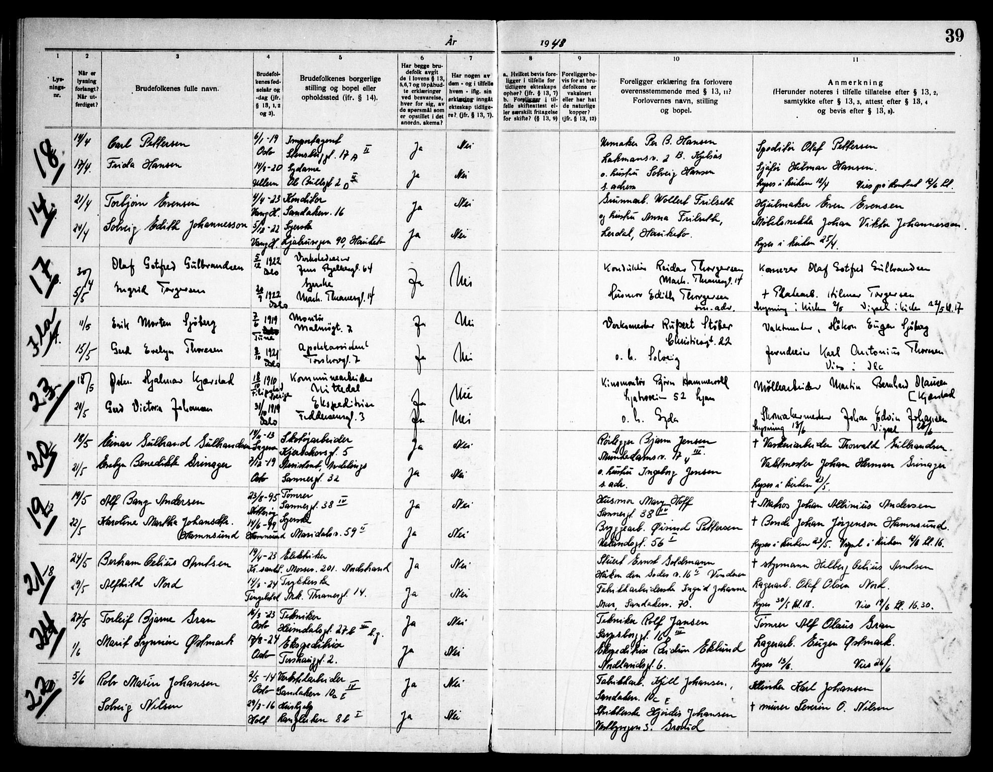 Lilleborg prestekontor Kirkebøker, AV/SAO-A-10343a/H/L0003: Banns register no. 3, 1940-1960, p. 39