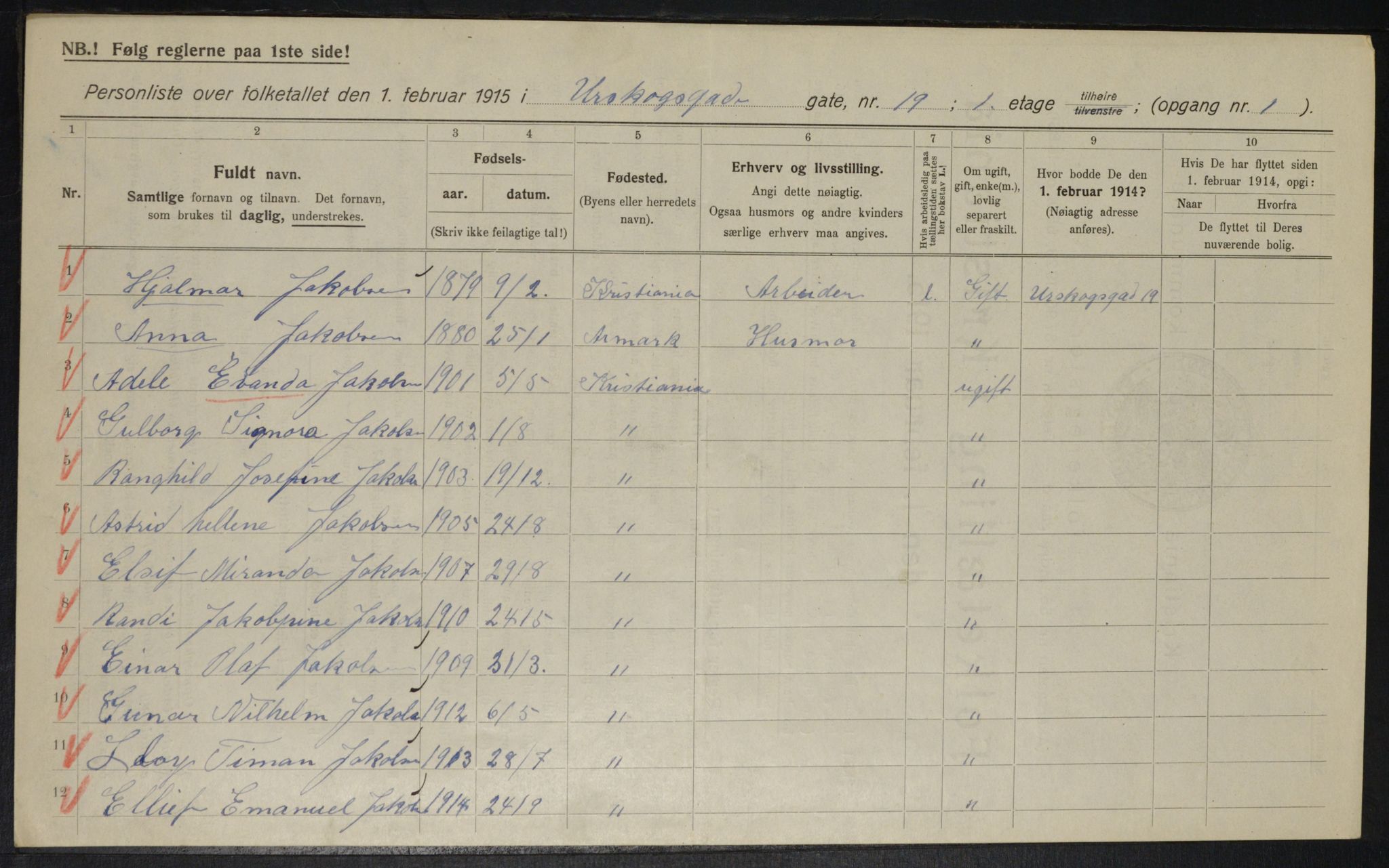 OBA, Municipal Census 1915 for Kristiania, 1915, p. 2708