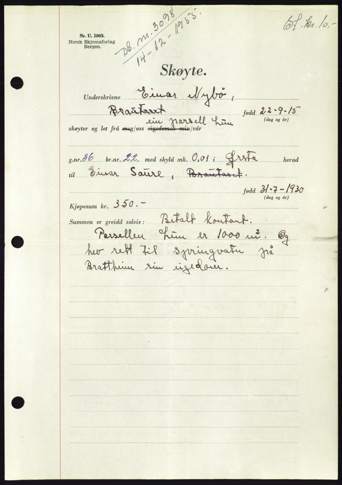 Søre Sunnmøre sorenskriveri, AV/SAT-A-4122/1/2/2C/L0102: Mortgage book no. 28A, 1955-1956, Diary no: : 3098/1955