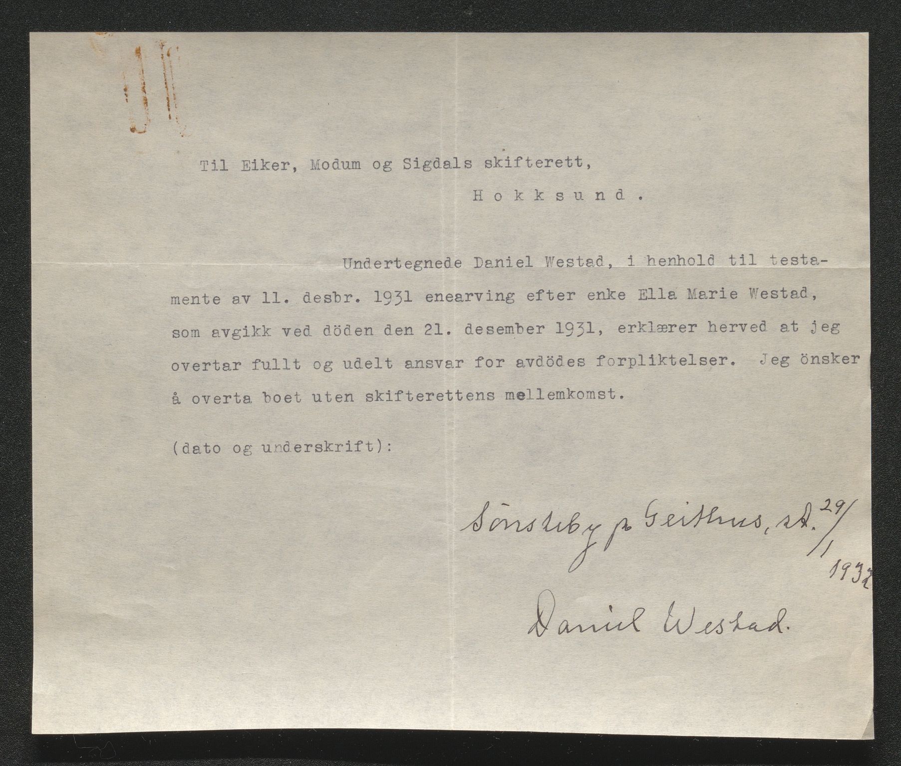 Eiker, Modum og Sigdal sorenskriveri, AV/SAKO-A-123/H/Ha/Hab/L0046: Dødsfallsmeldinger, 1930-1931, p. 1252