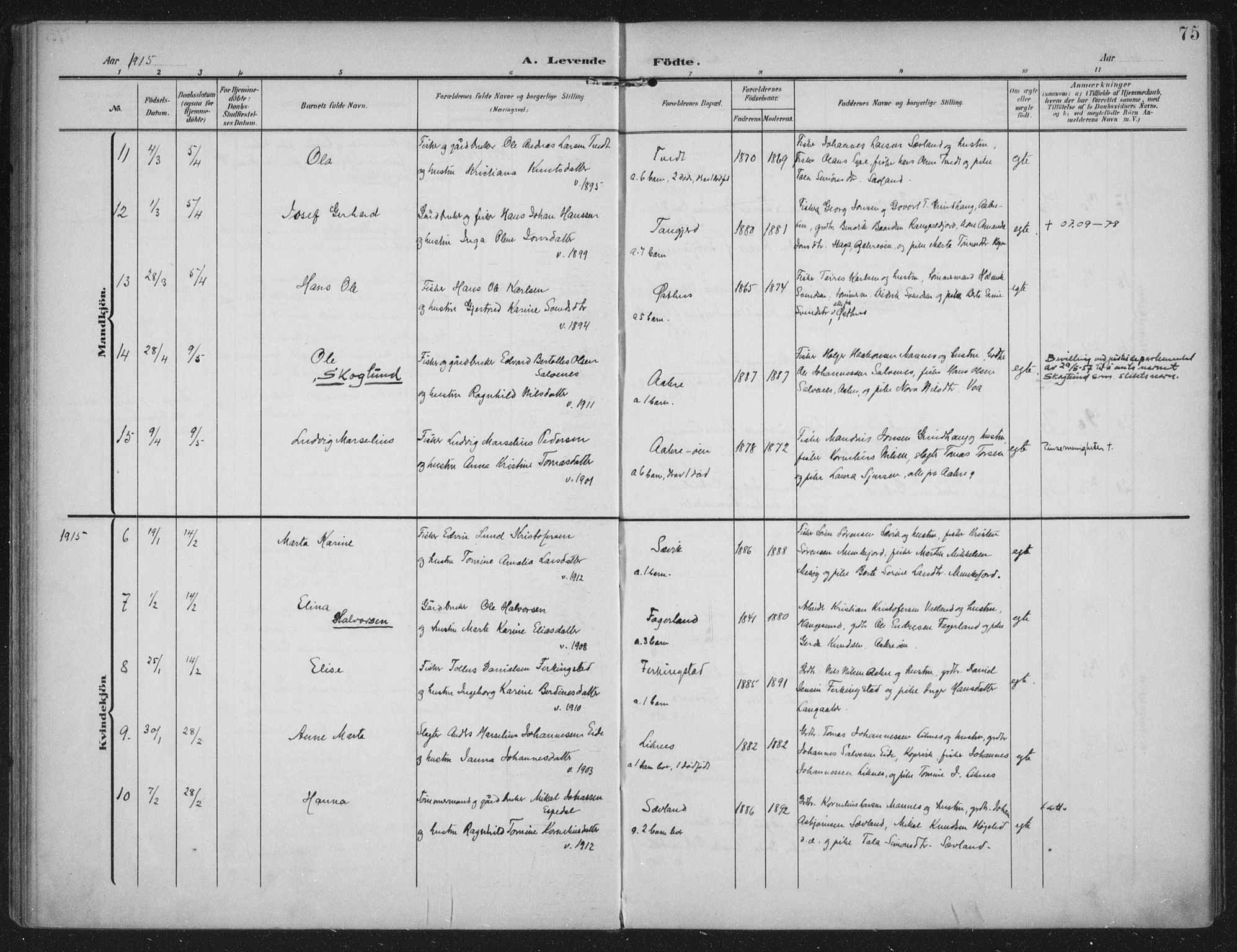 Kopervik sokneprestkontor, AV/SAST-A-101850/H/Ha/Haa/L0005: Parish register (official) no. A 5, 1906-1924, p. 75