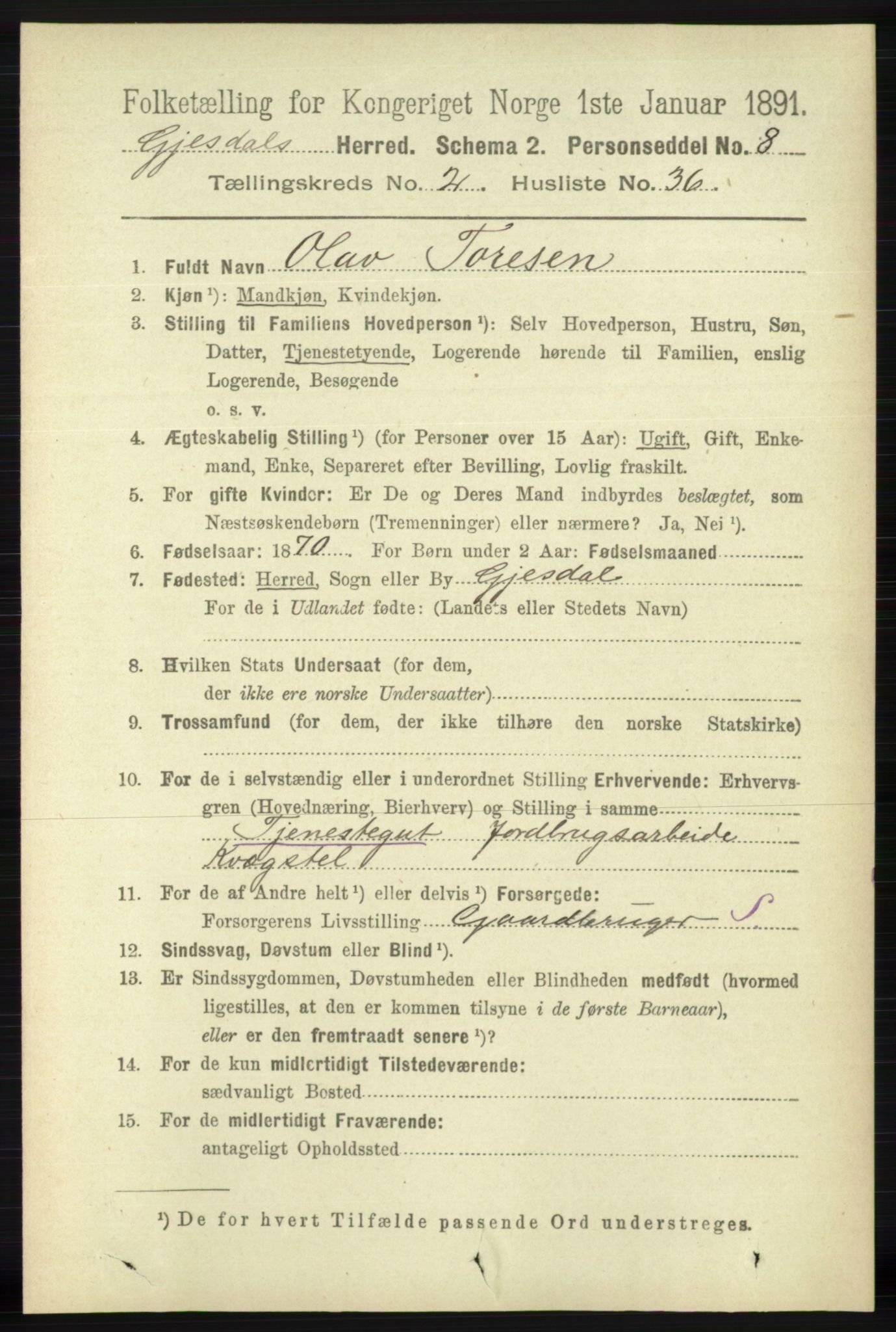 RA, 1891 census for 1122 Gjesdal, 1891, p. 677