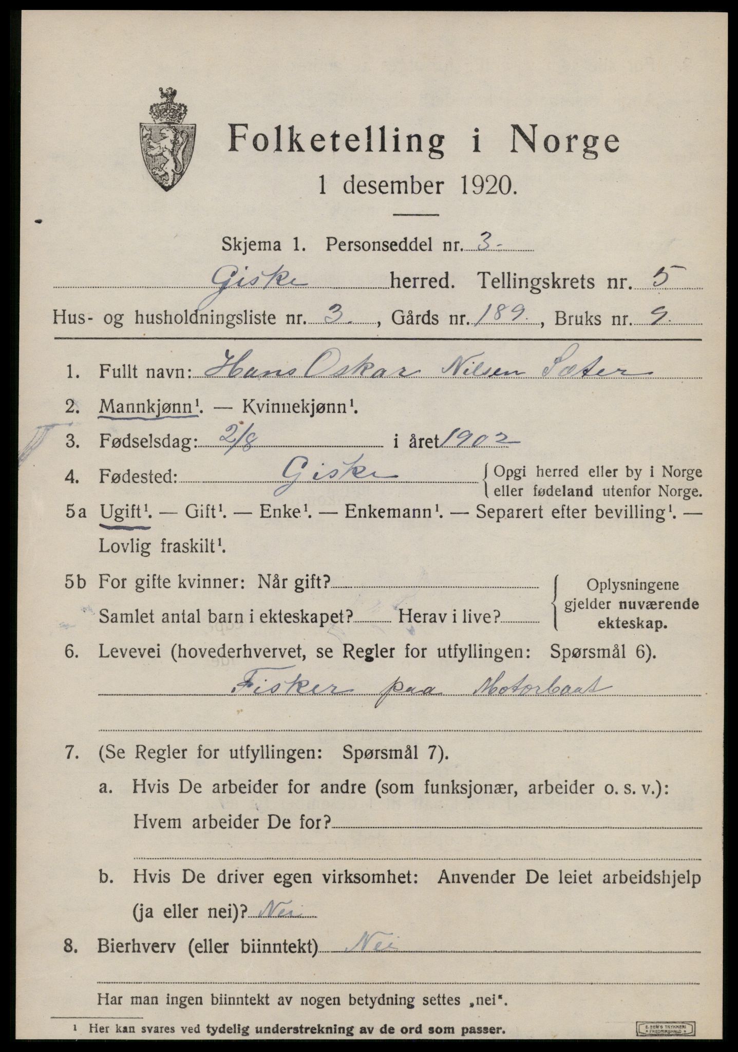 SAT, 1920 census for Giske, 1920, p. 3654