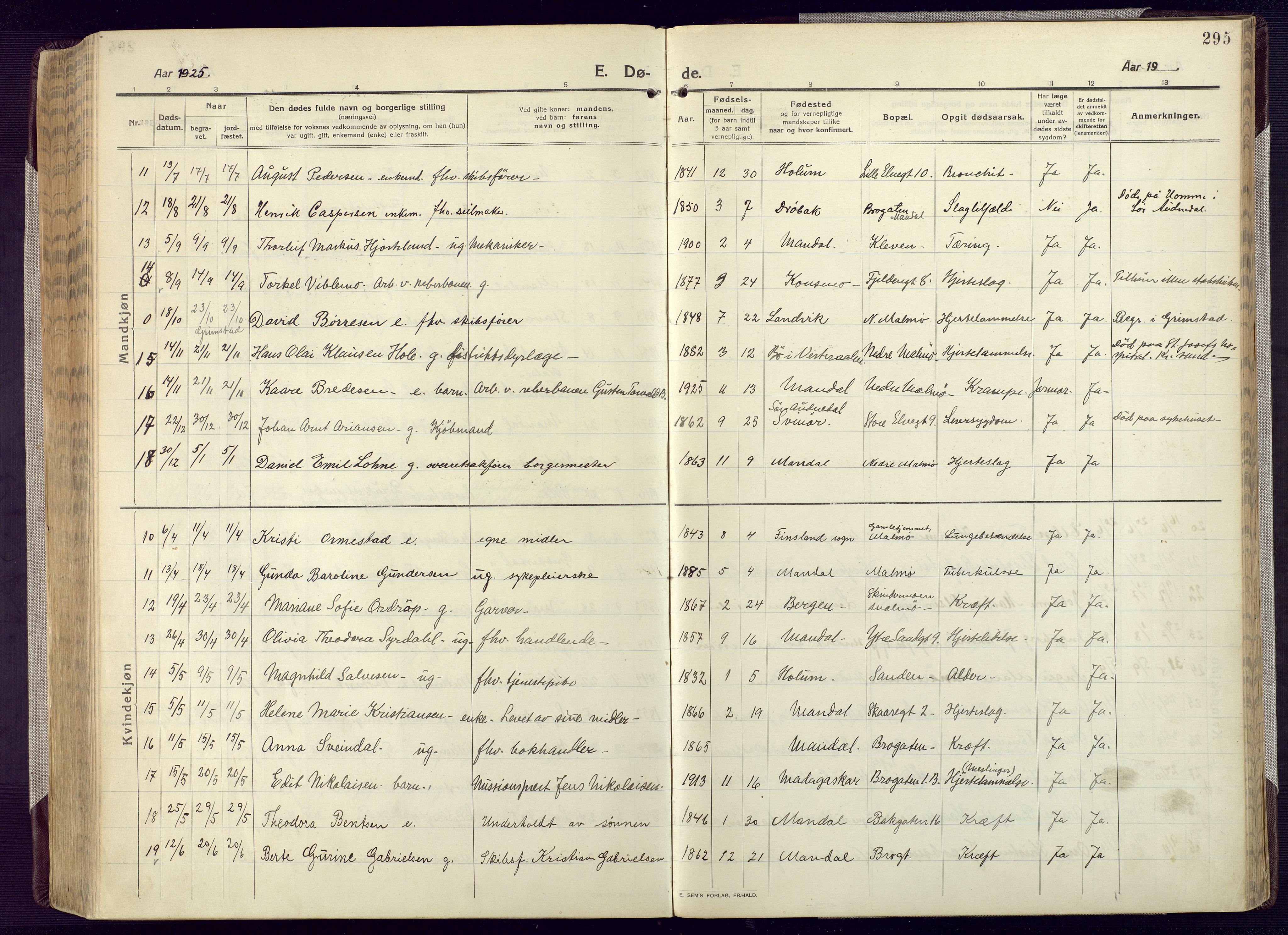 Mandal sokneprestkontor, AV/SAK-1111-0030/F/Fa/Fac/L0001: Parish register (official) no. A 1, 1913-1925, p. 295