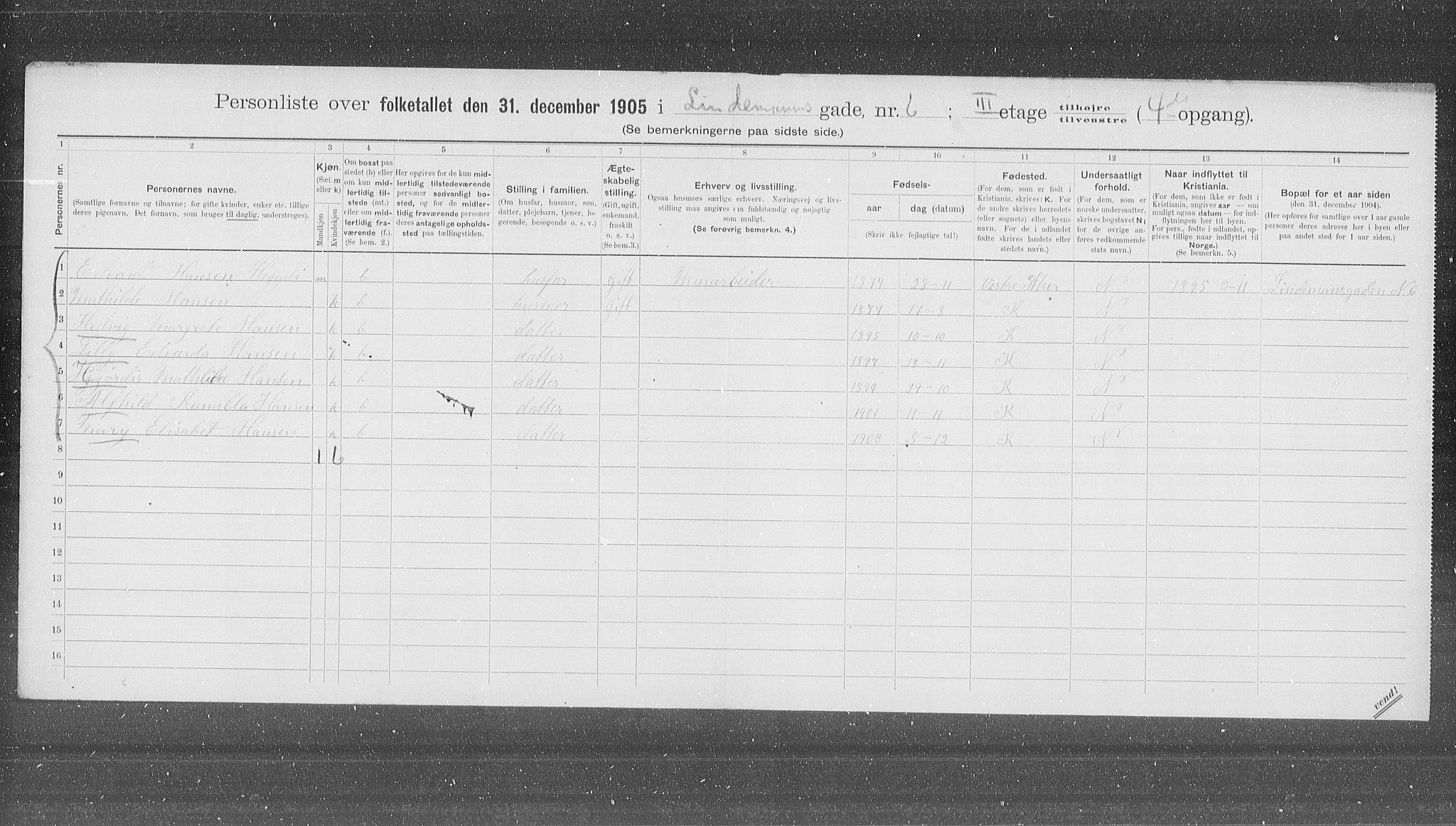 OBA, Municipal Census 1905 for Kristiania, 1905, p. 30312