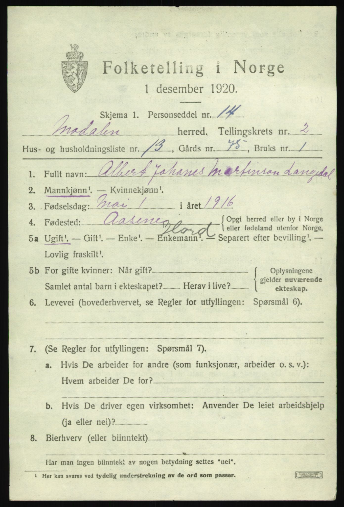 SAB, 1920 census for Modalen, 1920, p. 528