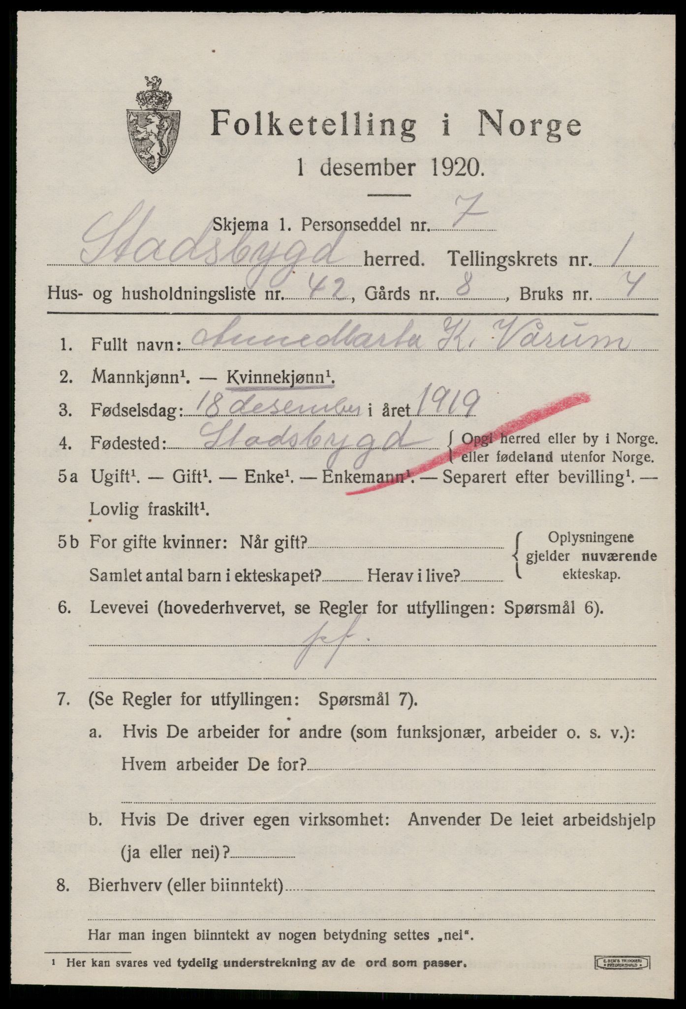 SAT, 1920 census for Stadsbygd, 1920, p. 1238