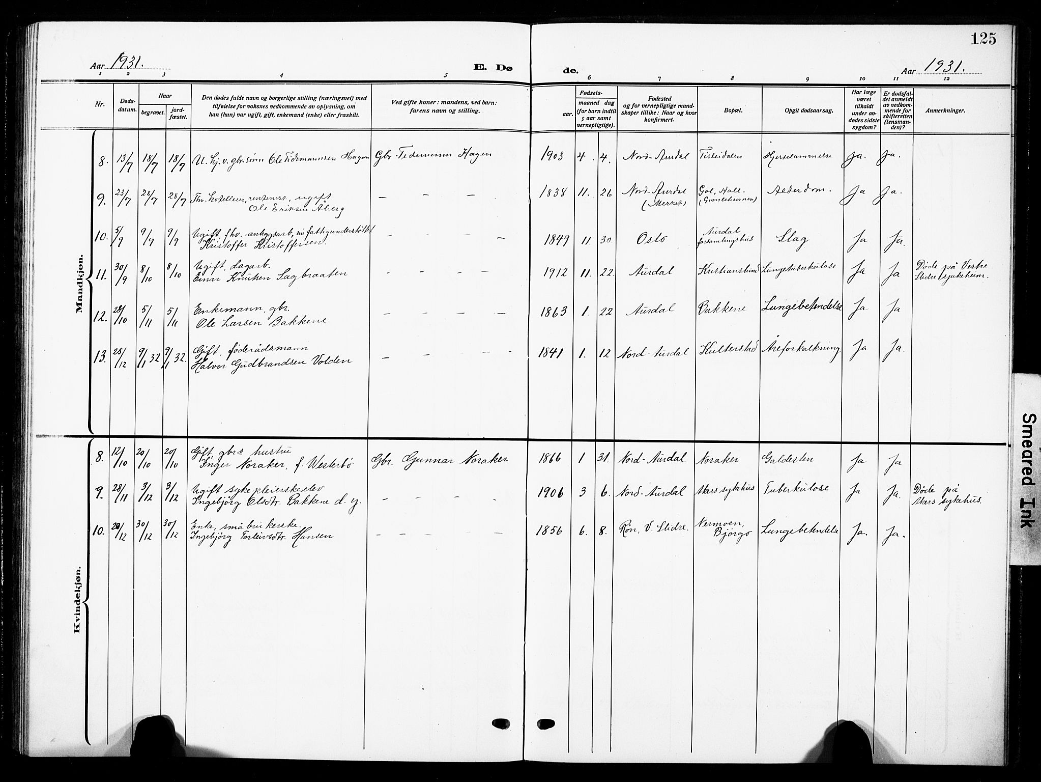 Nord-Aurdal prestekontor, SAH/PREST-132/H/Ha/Hab/L0016: Parish register (copy) no. 16, 1920-1932, p. 125