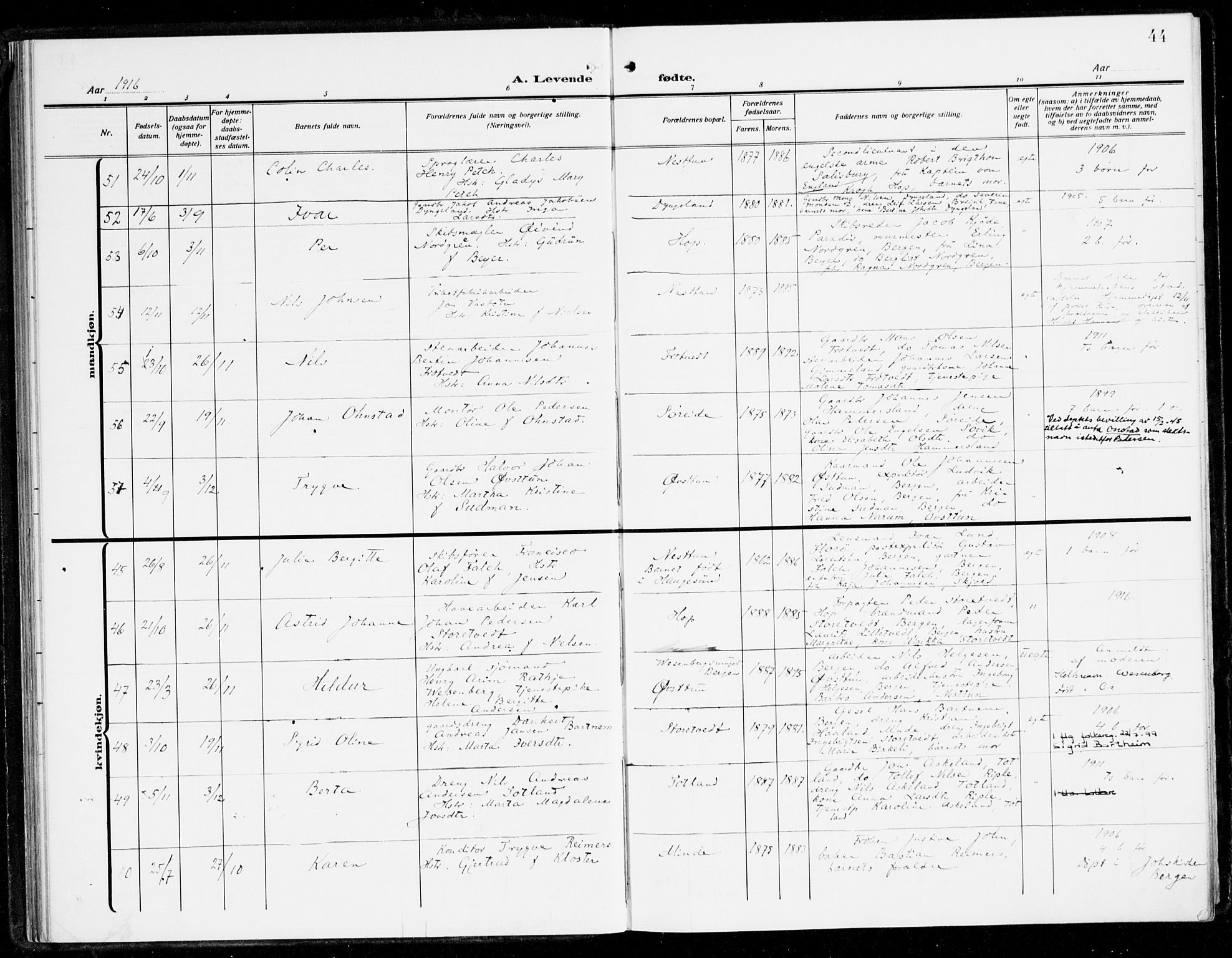 Fana Sokneprestembete, AV/SAB-A-75101/H/Haa/Haai/L0004: Parish register (official) no. I 4, 1912-1933, p. 44