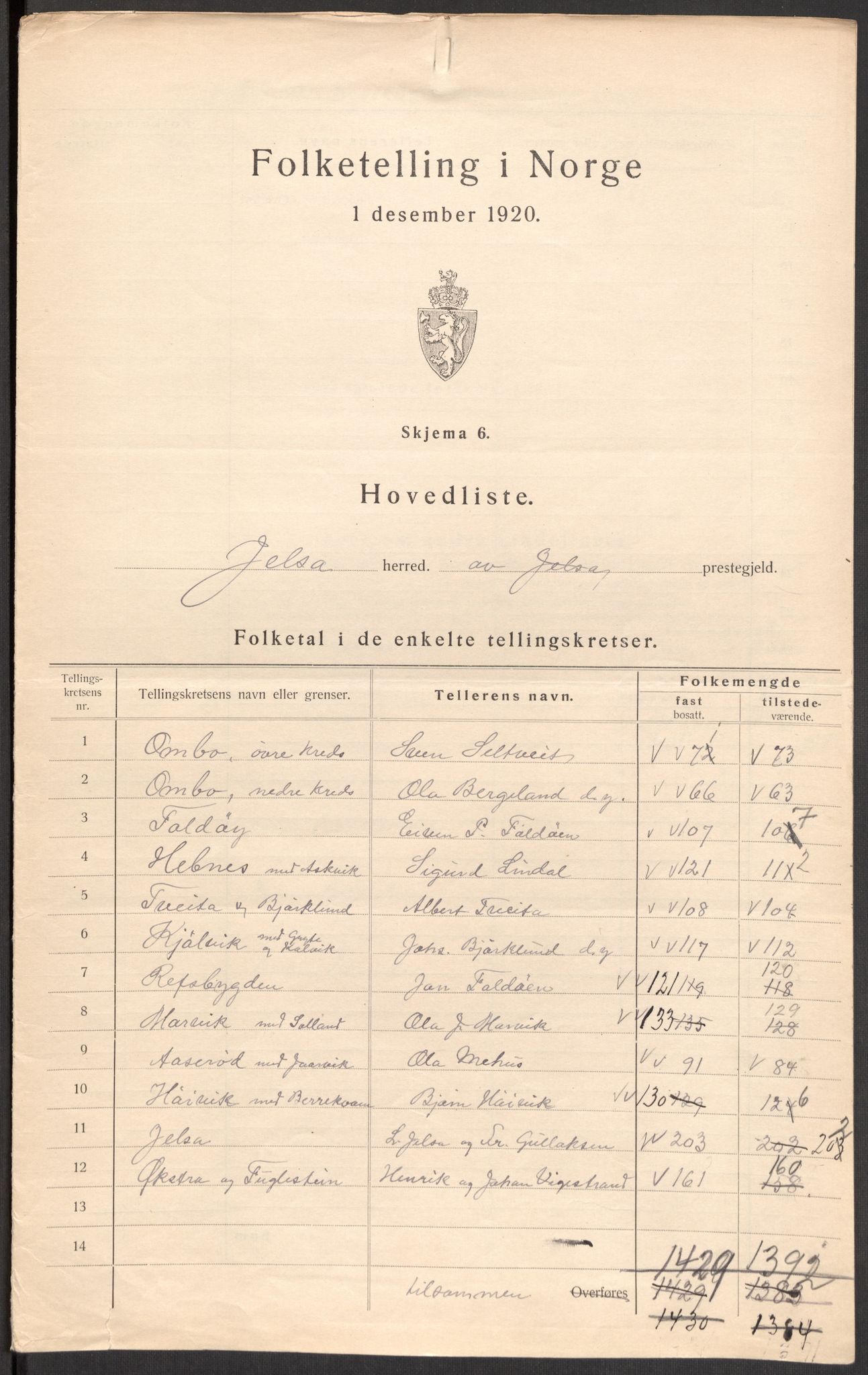 SAST, 1920 census for Jelsa, 1920, p. 7