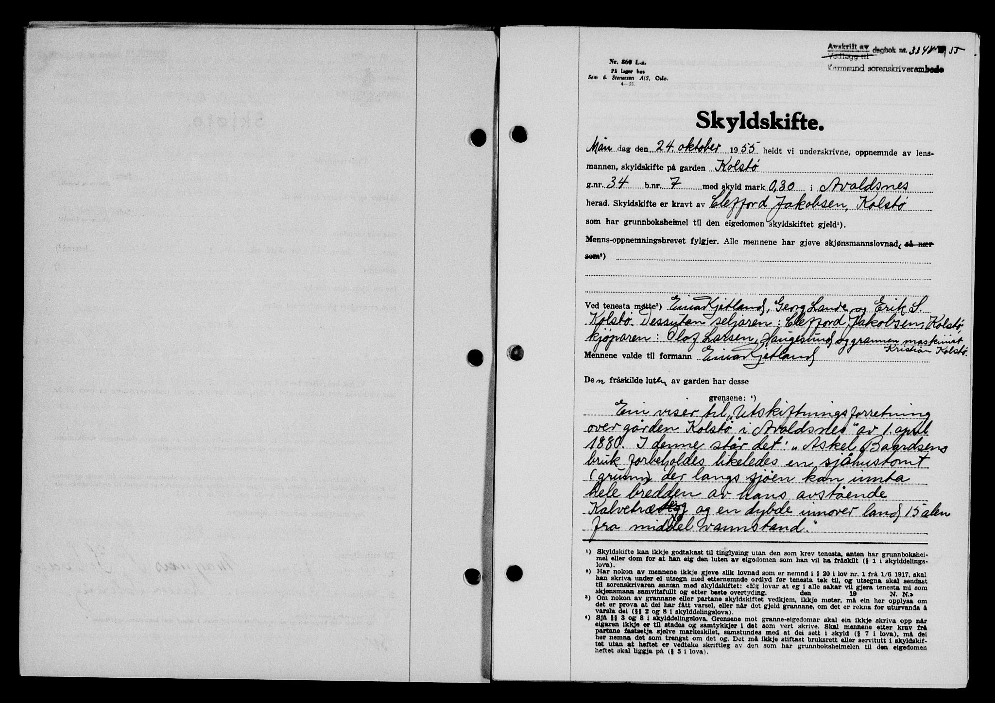 Karmsund sorenskriveri, SAST/A-100311/01/II/IIB/L0117: Mortgage book no. 97Aa, 1955-1955, Diary no: : 3348/1955