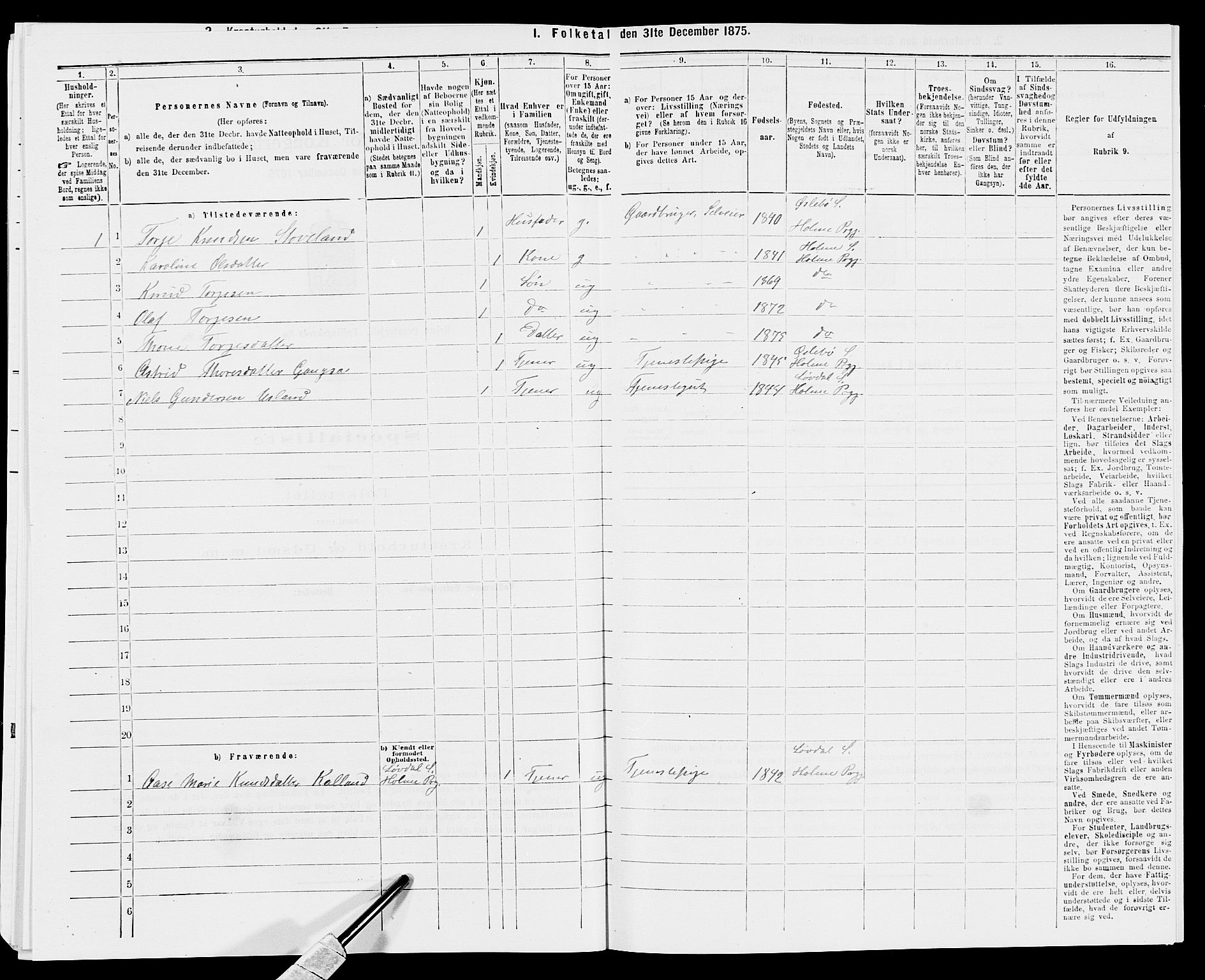 SAK, 1875 census for 1020P Holum, 1875, p. 362