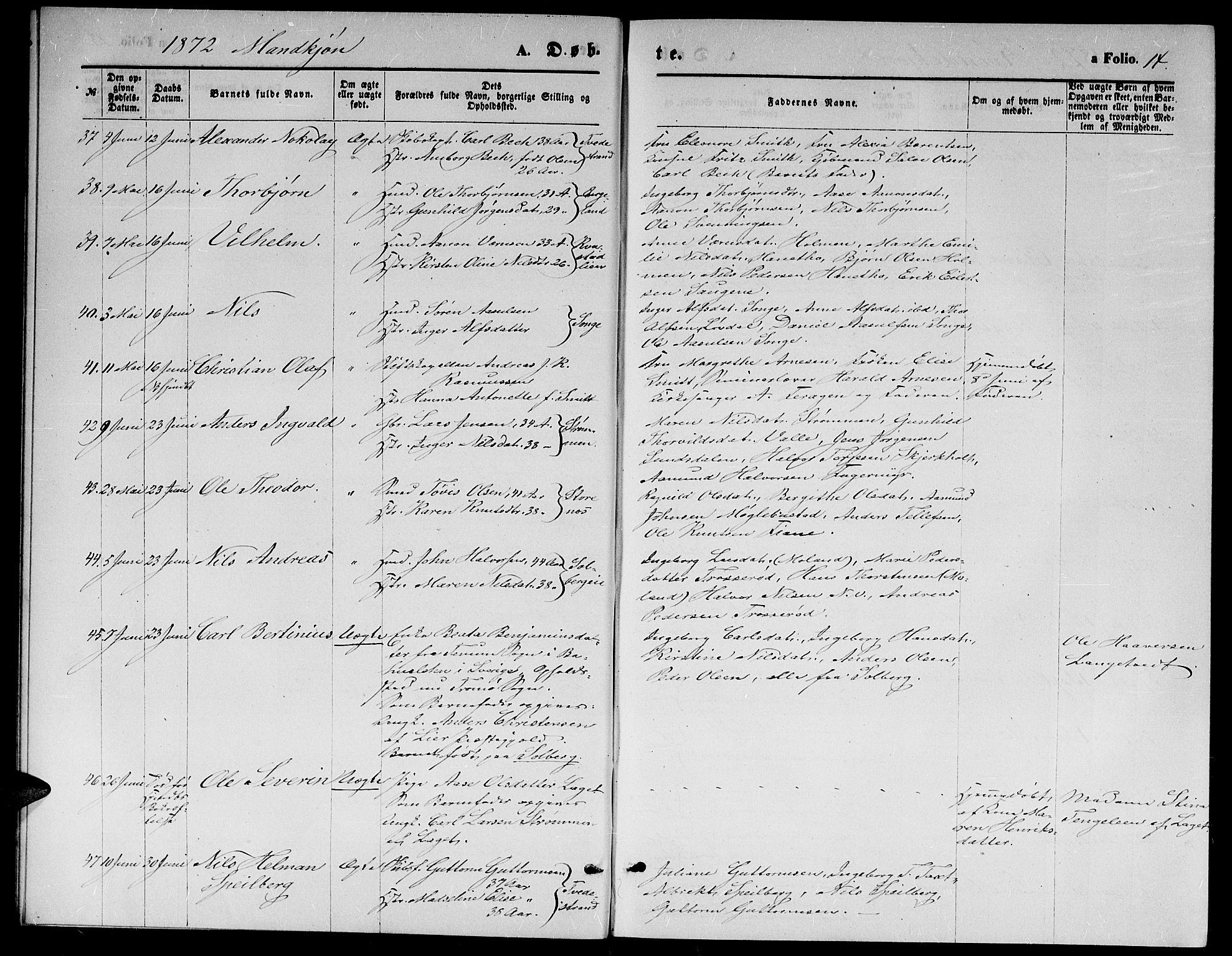 Holt sokneprestkontor, AV/SAK-1111-0021/F/Fb/L0009: Parish register (copy) no. B 9, 1871-1883, p. 14