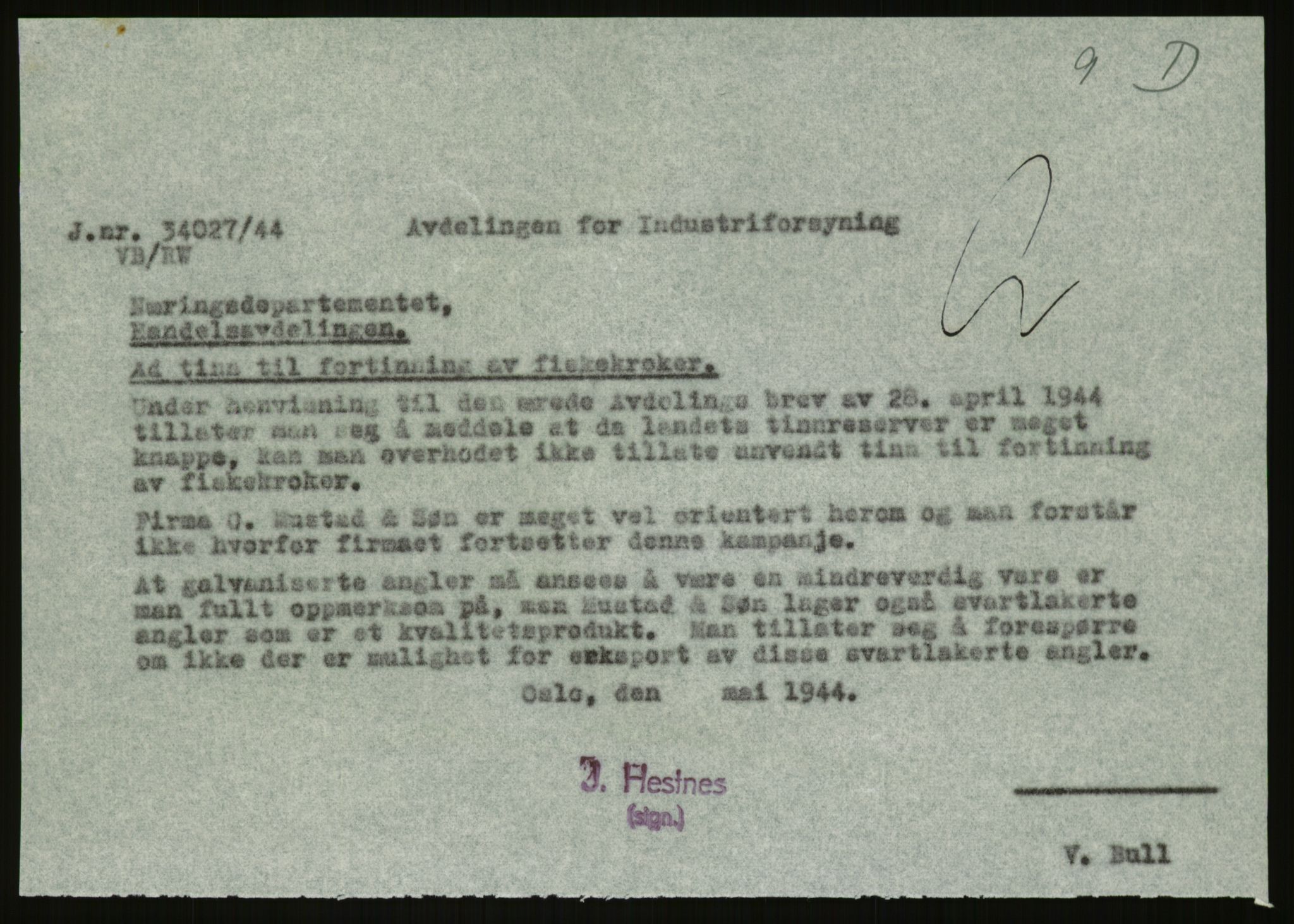 Direktoratet for industriforsyning, Sekretariatet, AV/RA-S-4153/D/Df/L0054: 9. Metallkontoret, 1940-1945, p. 415